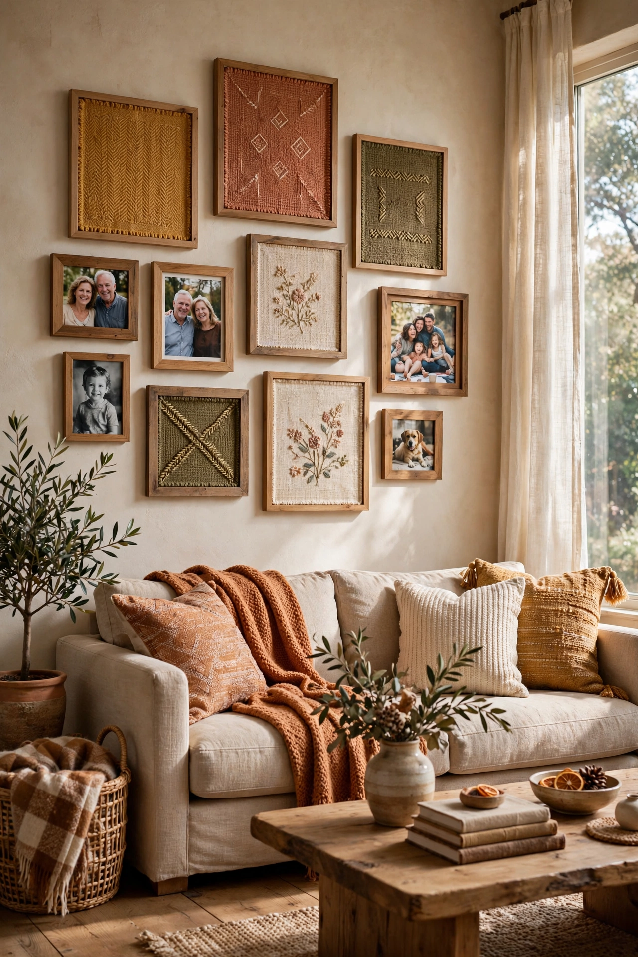 Fabric swatch art framed and mixed into a photo gallery wall for texture