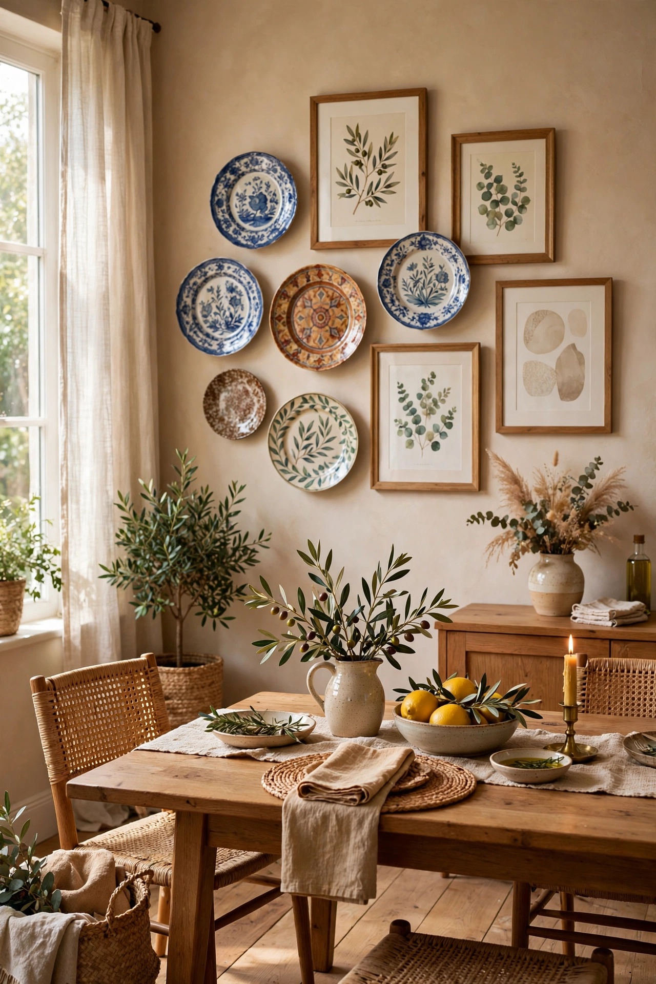 Blue and white thrifted plates mixed into a framed gallery wall for dimension