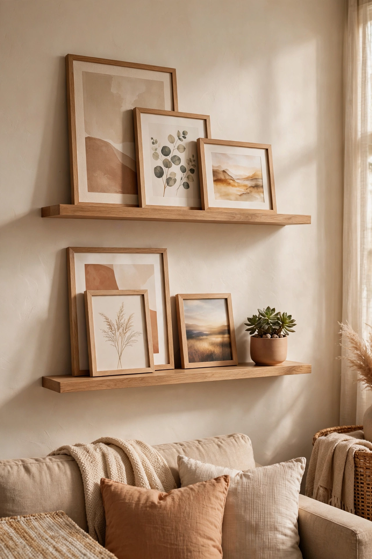 Wooden picture ledges with layered leaning art that can be rearranged easily