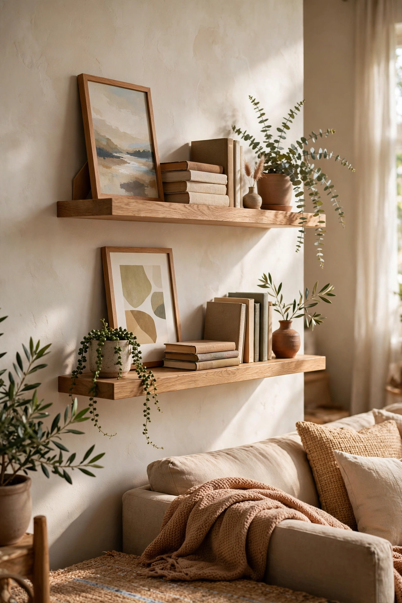 Floating shelves styled as a three-dimensional gallery with leaning art and plants