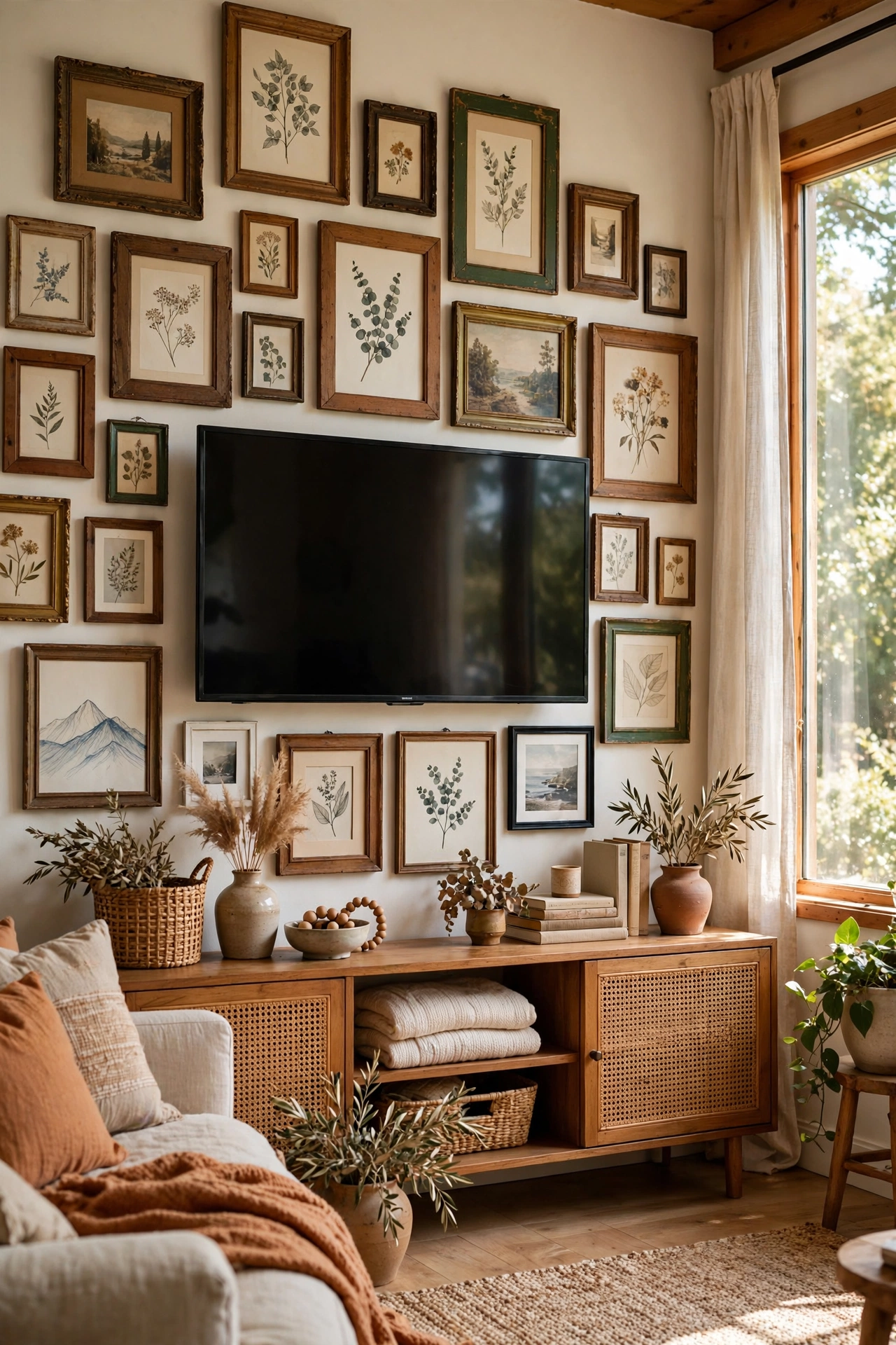 TV blended into a surrounding gallery wall of thrifted frames in a living room