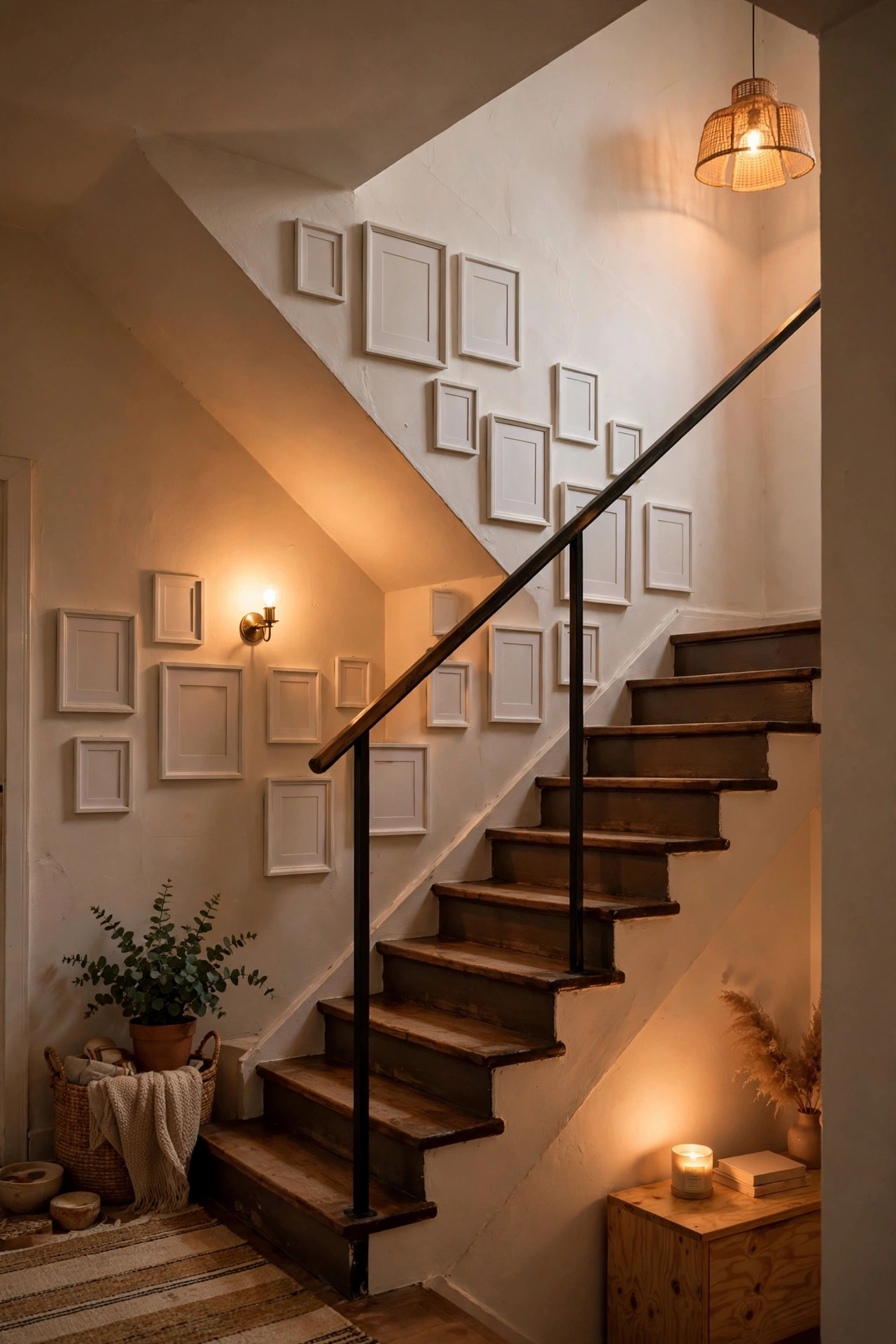 Asymmetric gallery wall of white frames climbing a staircase wall
