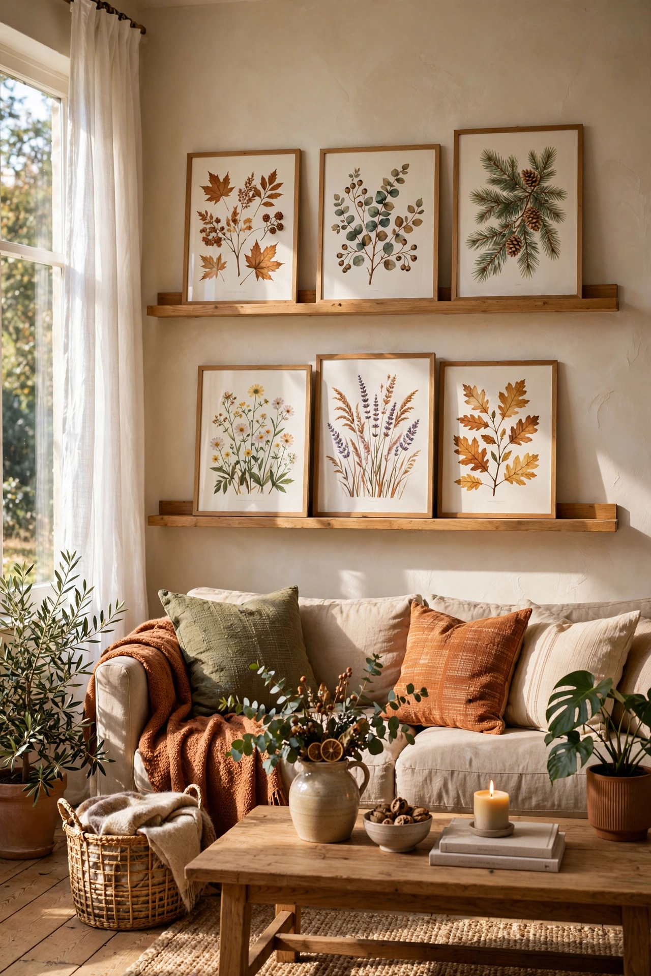 Gallery wall with swappable seasonal prints on ledges for an ever-fresh look