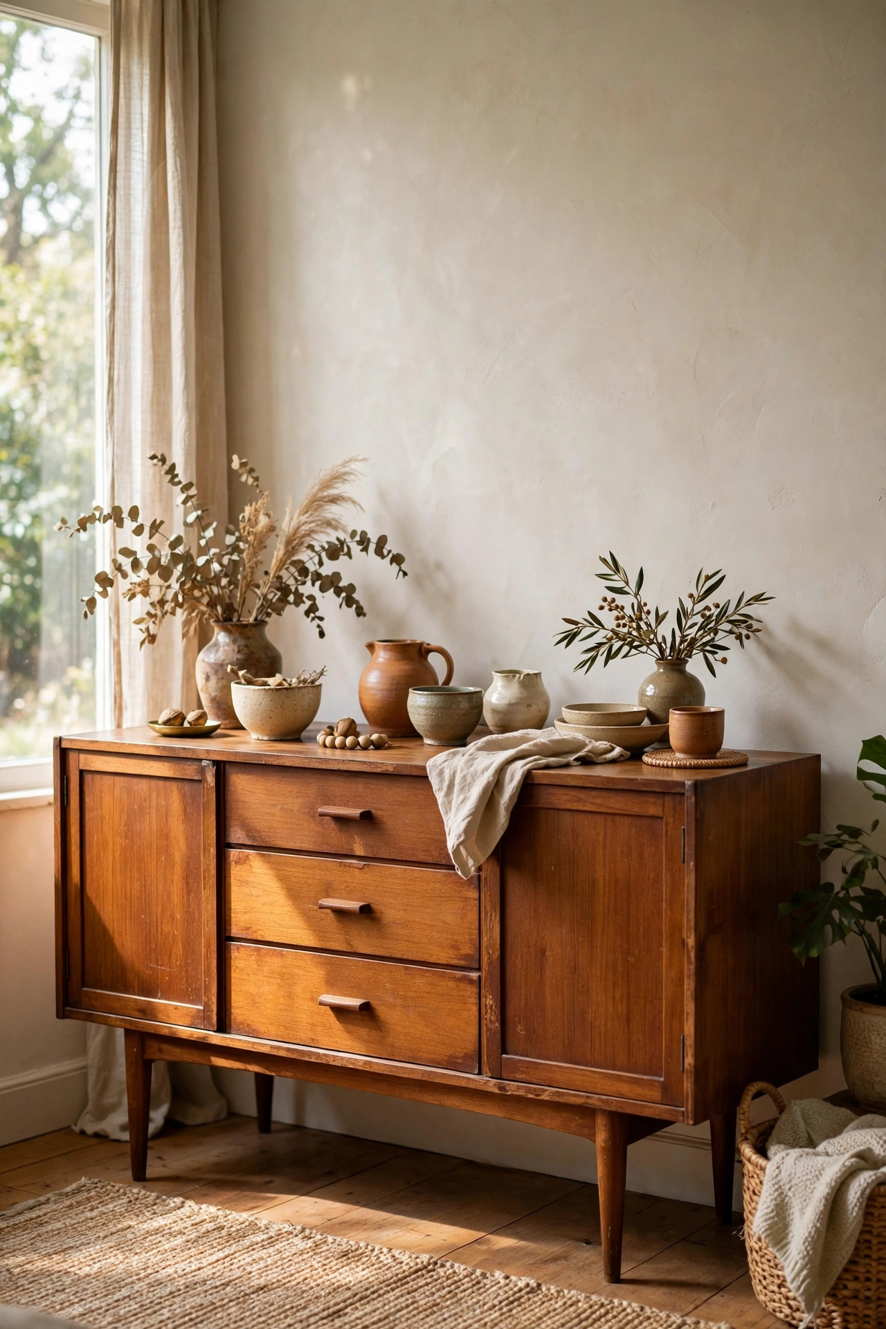 Thrifted teak-style mid-century sideboard with clean lines in a living room