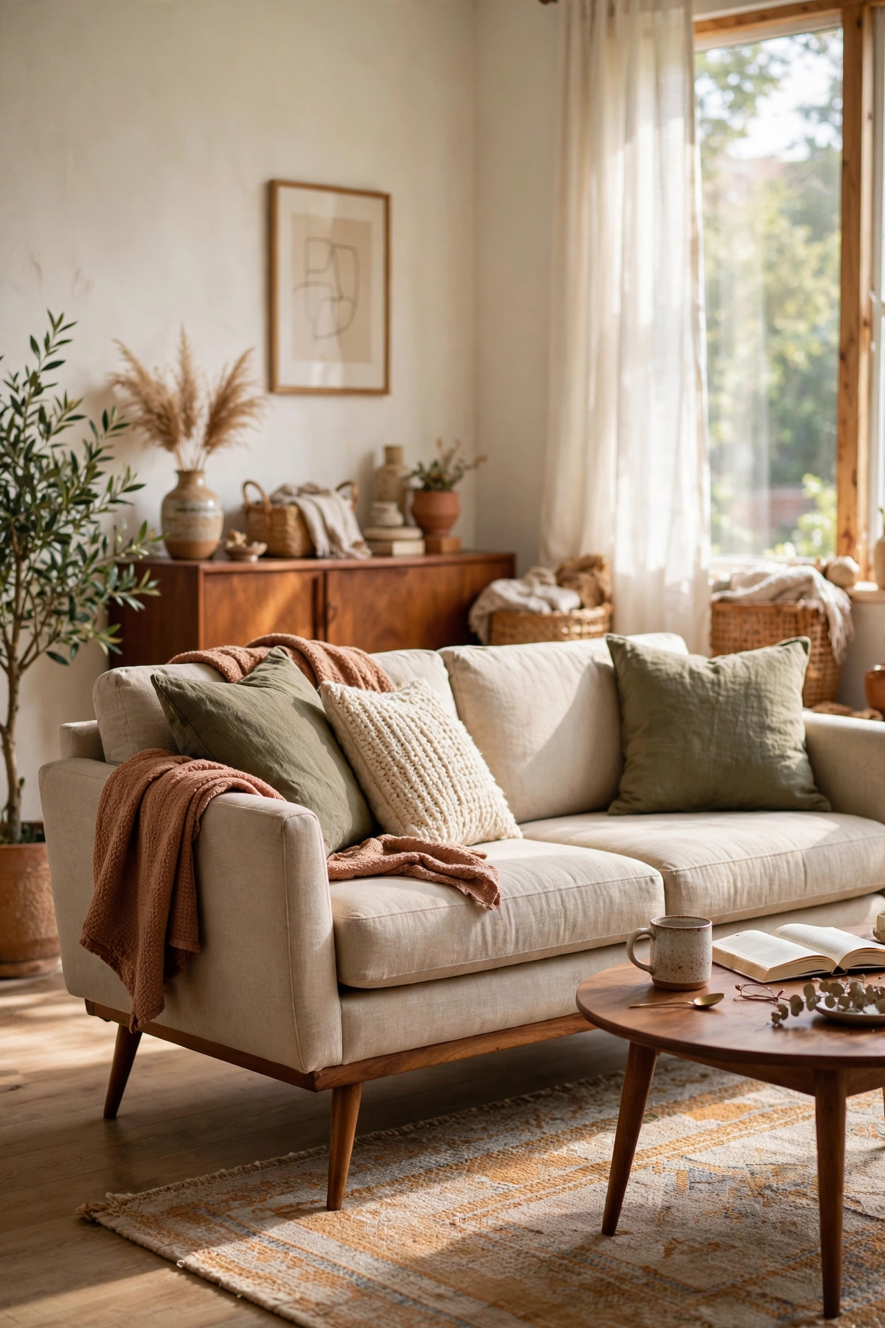Sofa fitted with angled tapered wooden legs giving mid-century silhouette