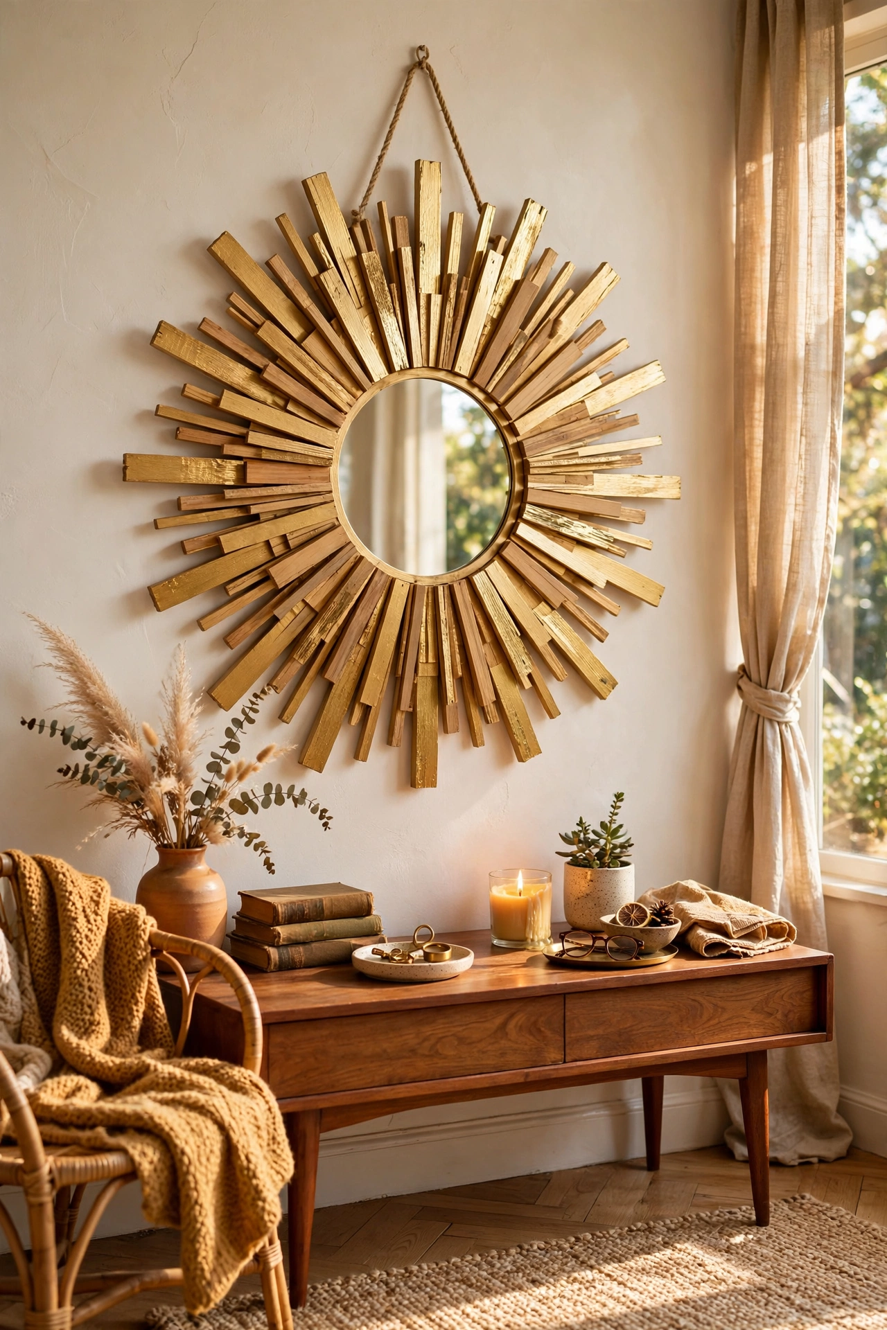 DIY gold starburst mirror made from wooden shims over a console table