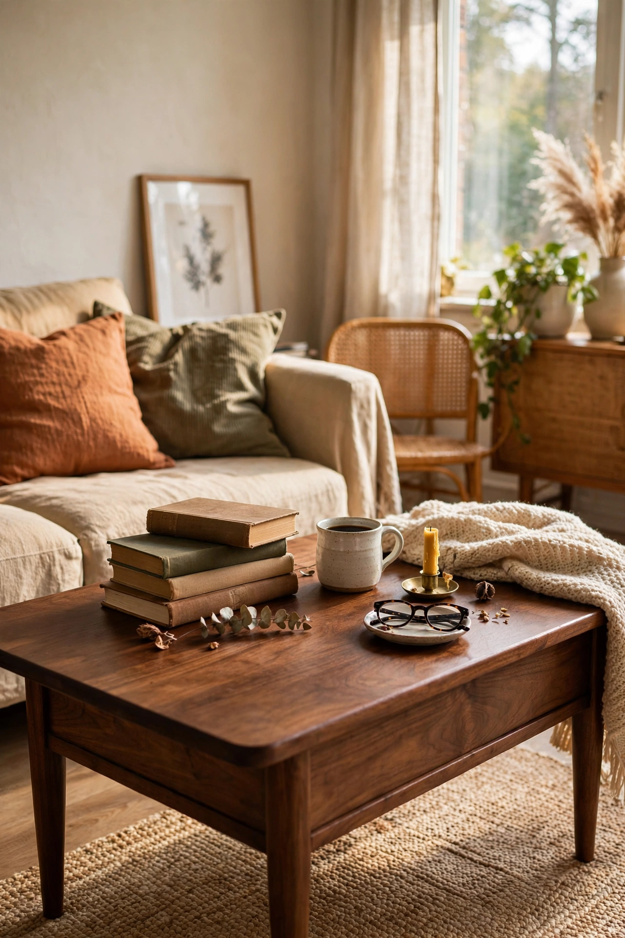 Thrifted coffee table flipped with walnut gel stain in a mid-century living room