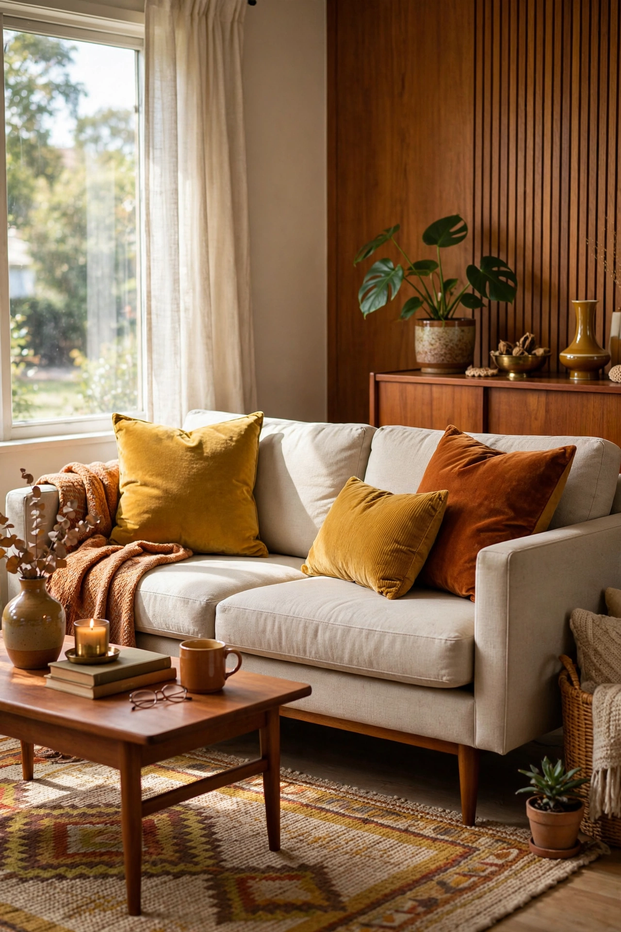 Mustard and rust velvet accent pillows on a neutral mid-century sofa