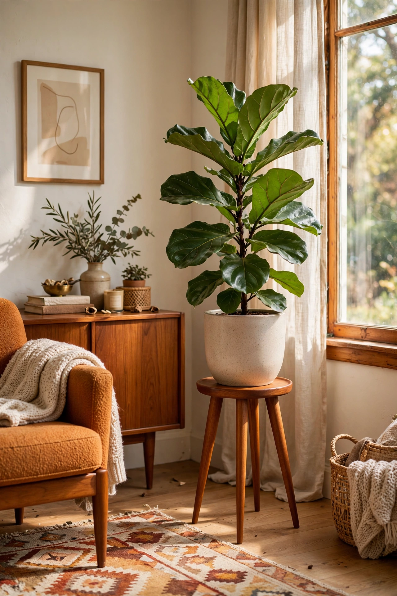 Fiddle-leaf fig elevated on a three-legged teak plant stand in a corner