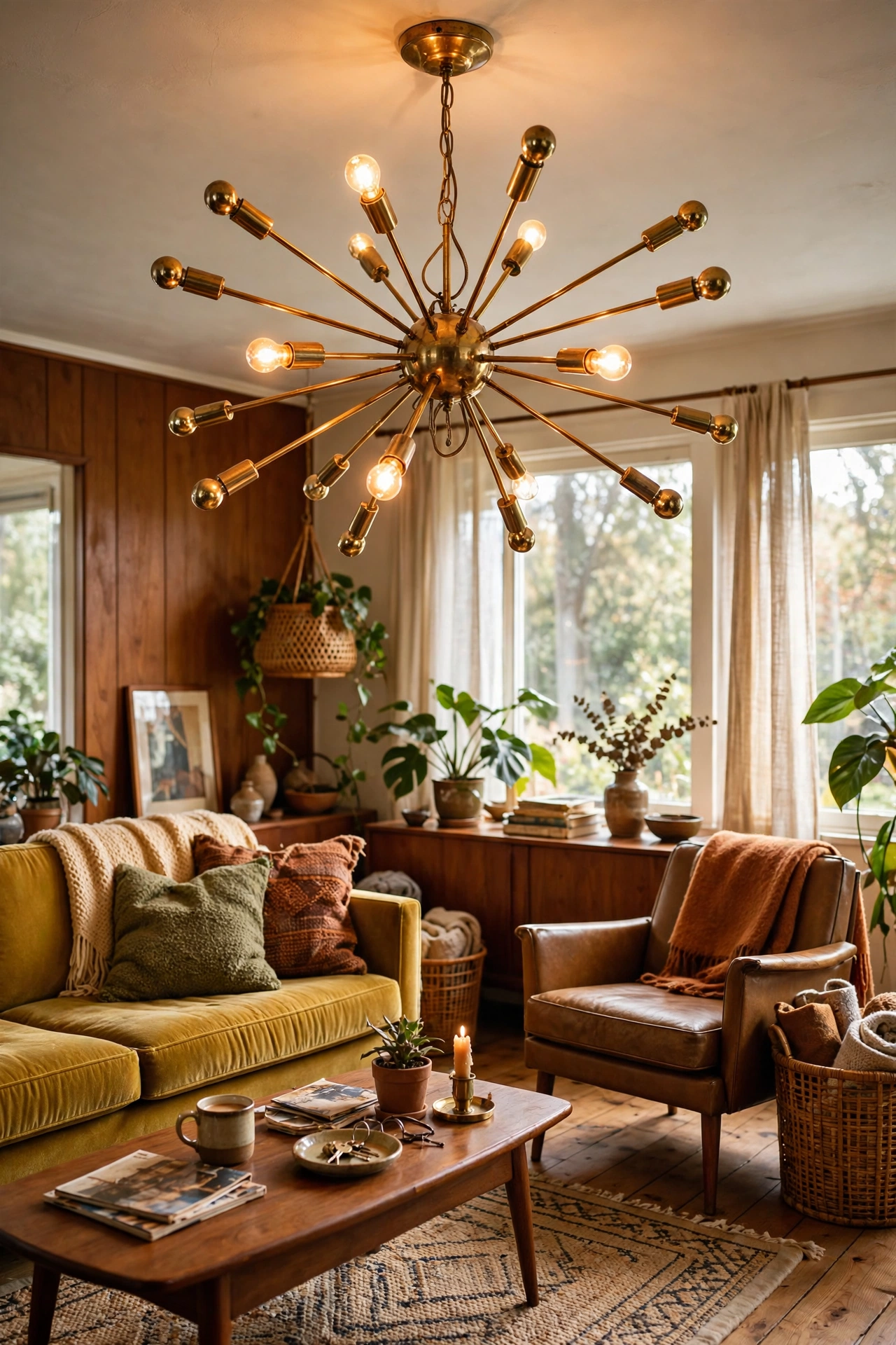 Brass sputnik-style ceiling light fixture over a mid-century seating area