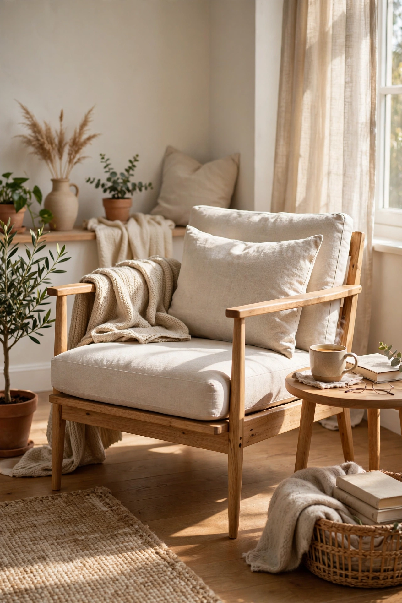 Danish-style low-profile accent chair with exposed wood frame in a living room