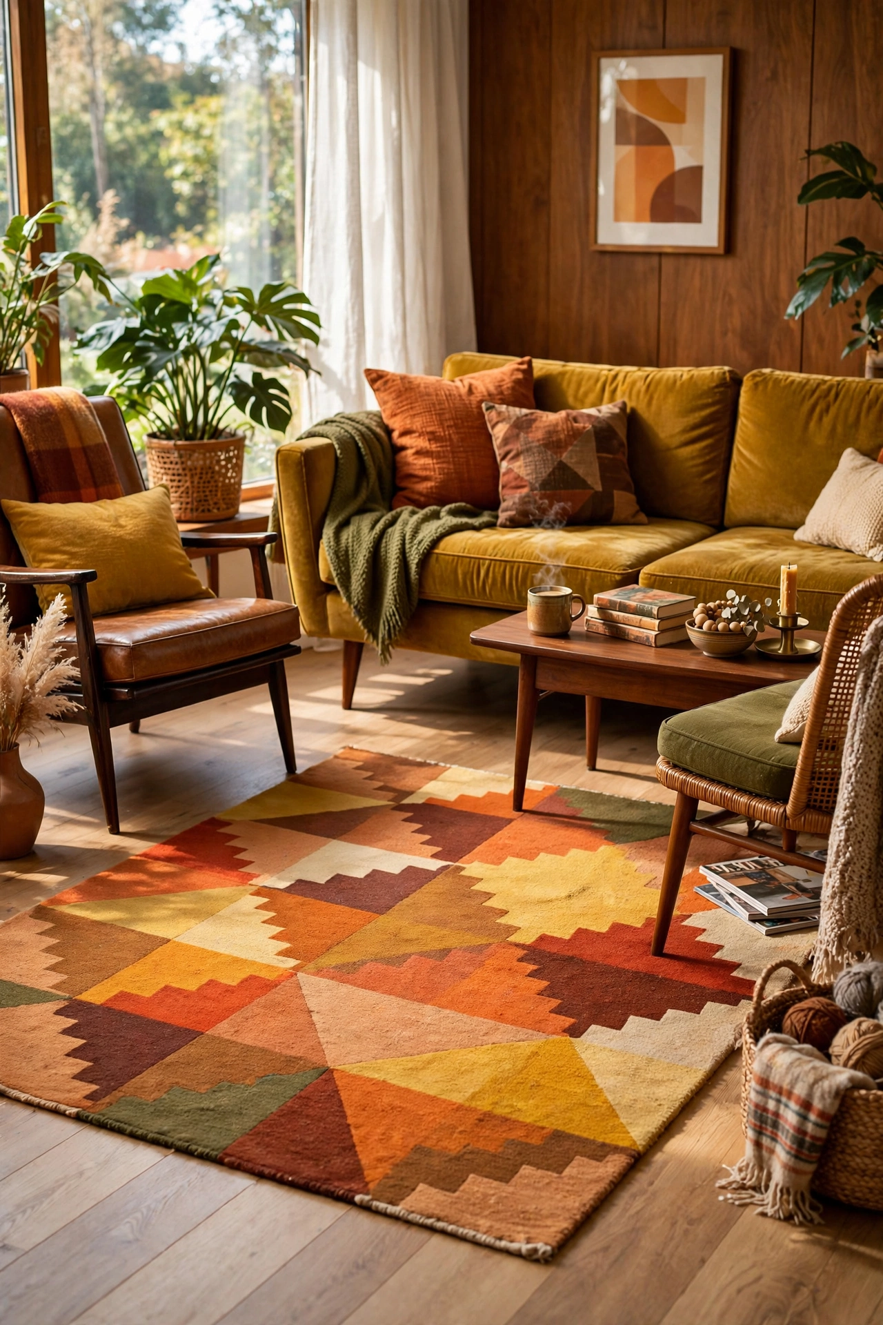 Geometric patterned wool rug in warm tones under a mid-century seating area
