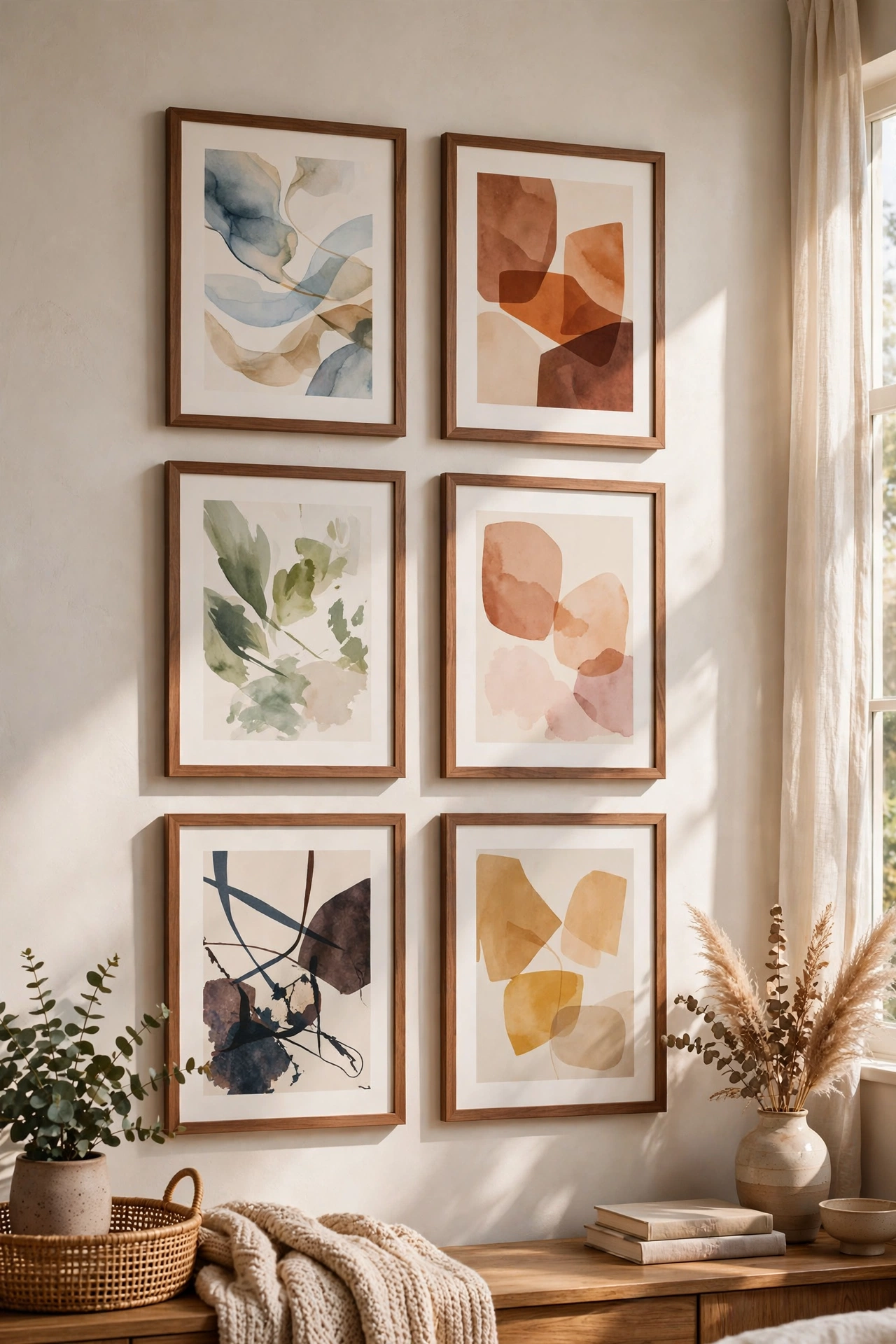 Thin walnut-finish frames with abstract art in a tight grid on a living room wall