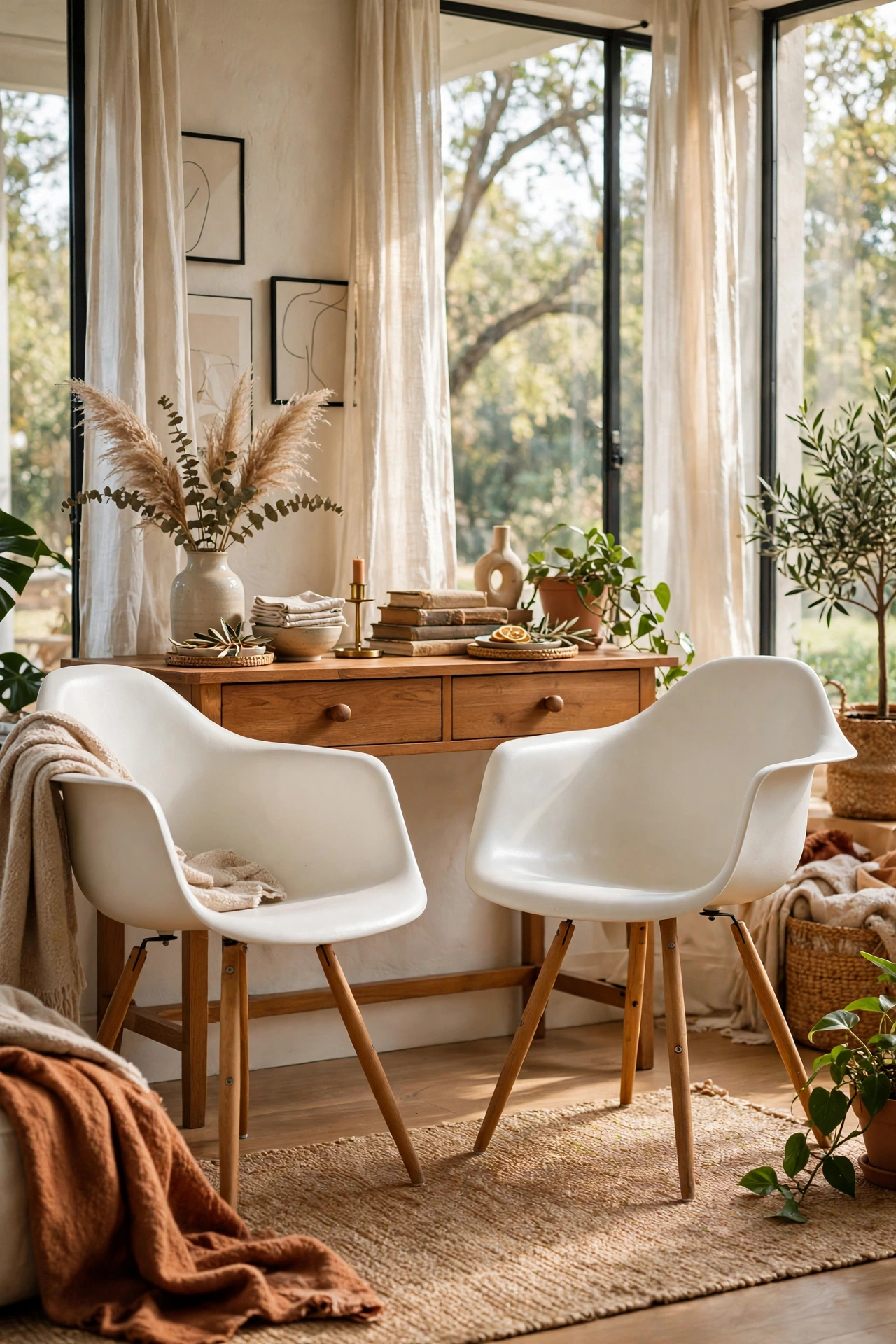 White molded shell chair dupes with wooden dowel legs flanking a console