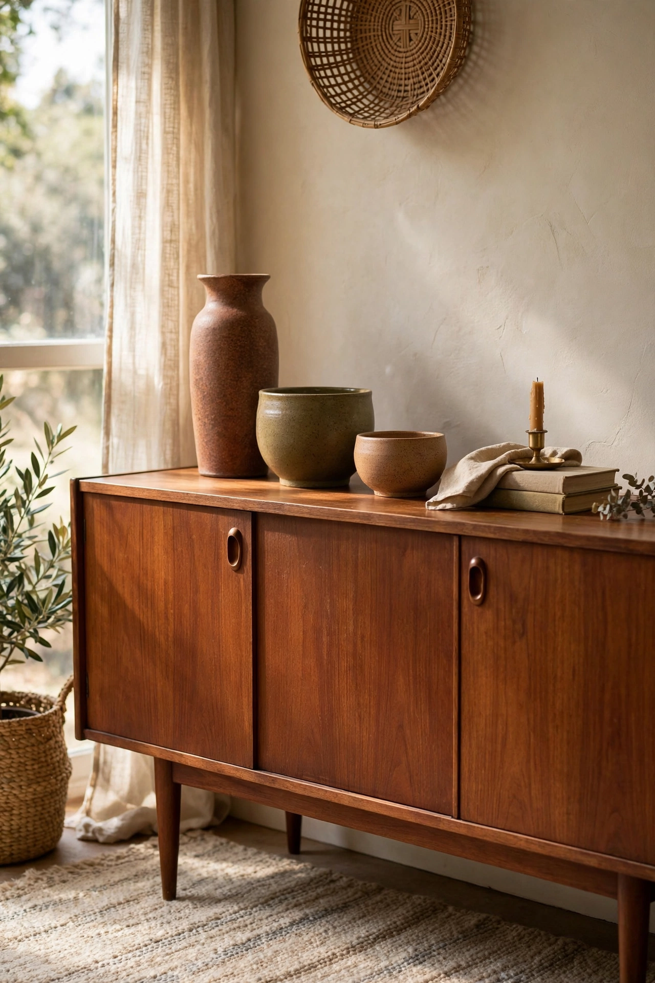 Trio of earthy ceramics styled on a mid-century teak credenza