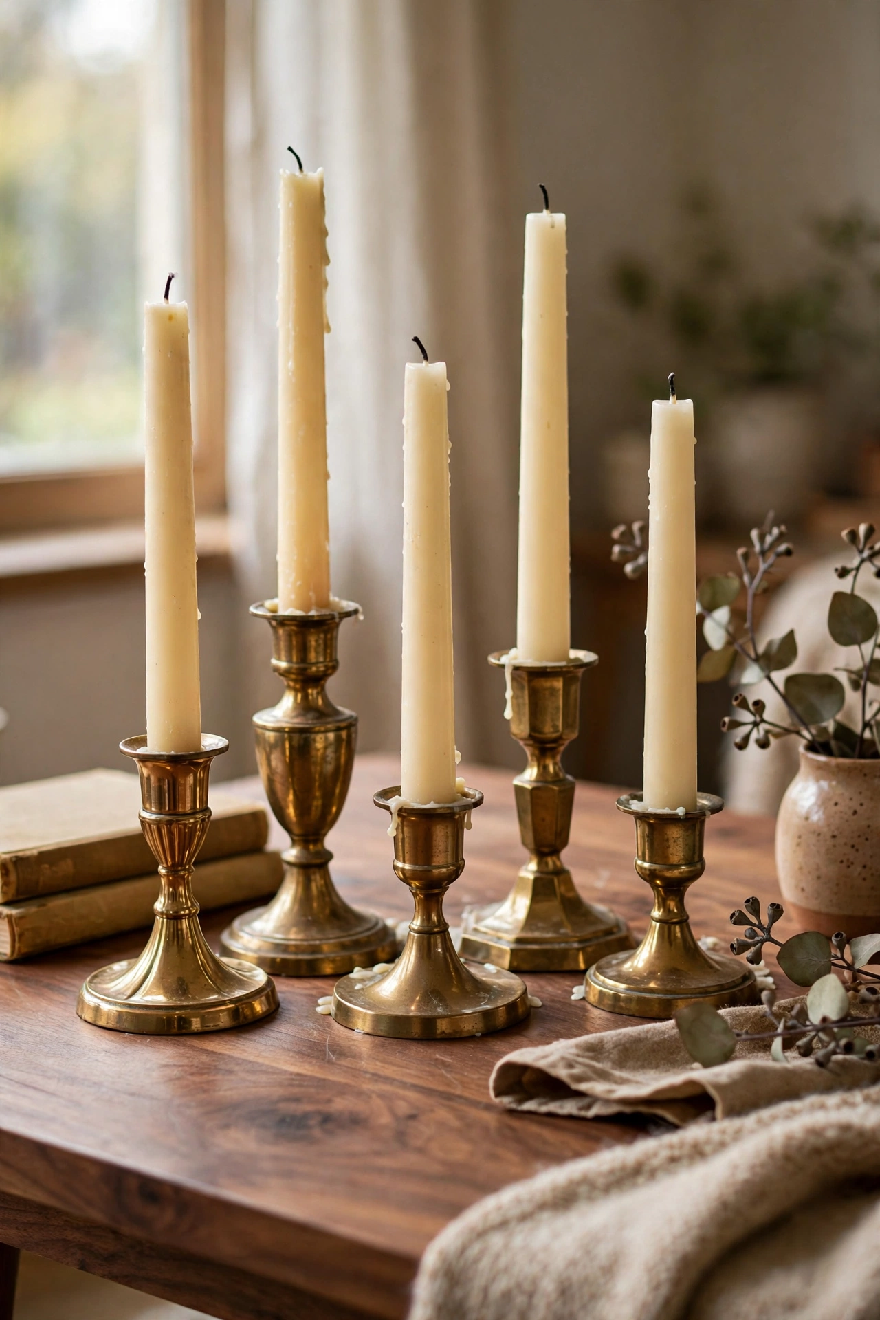 Thrifted brass taper holders with cream tapers on a walnut coffee table