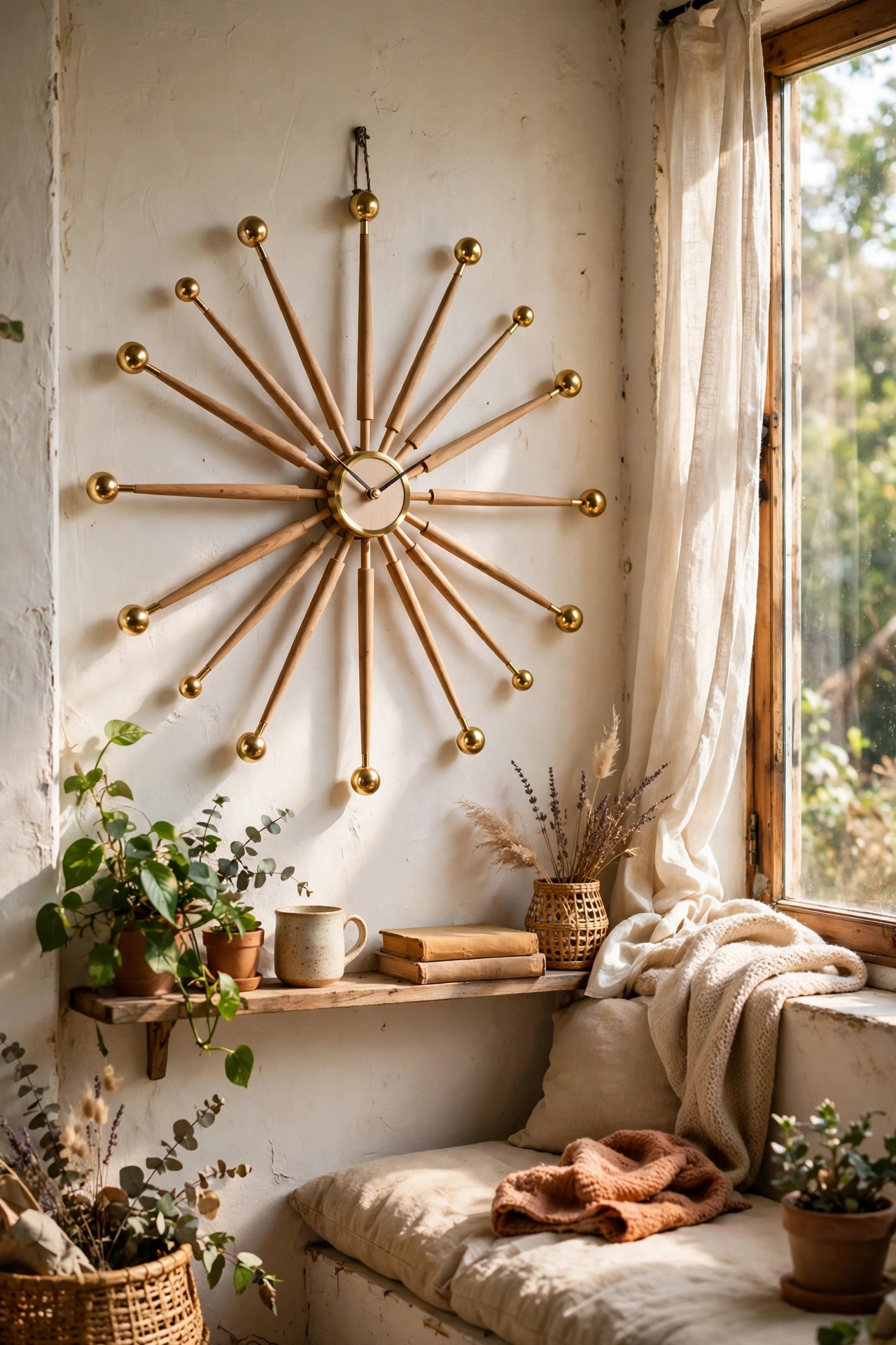 DIY atomic starburst wall clock with brass tips in a hallway nook