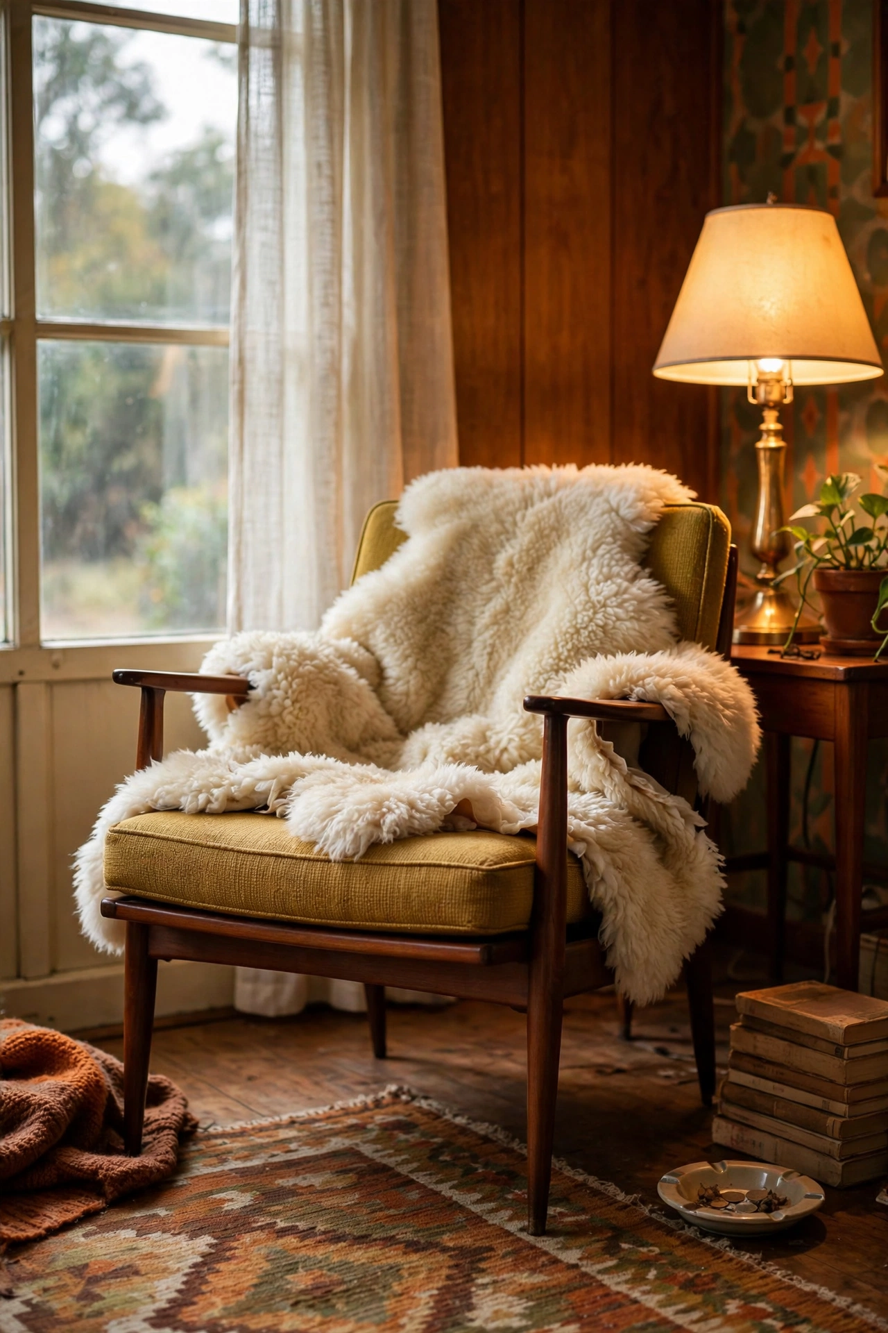 Faux sheepskin draped over a low mid-century chair in warm lamplight