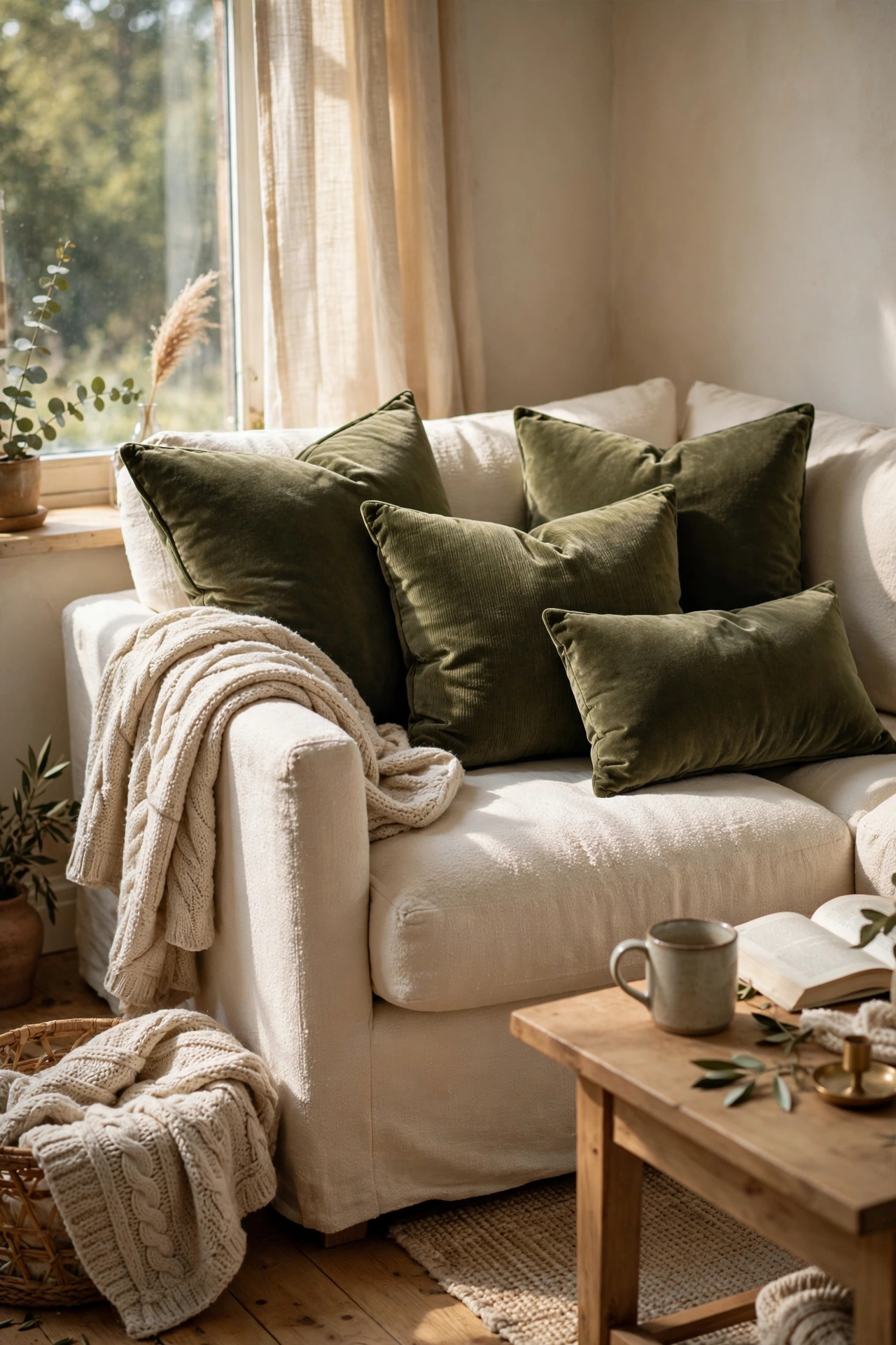 Cream sofa styled with olive green velvet throw pillows in a cosy living room
