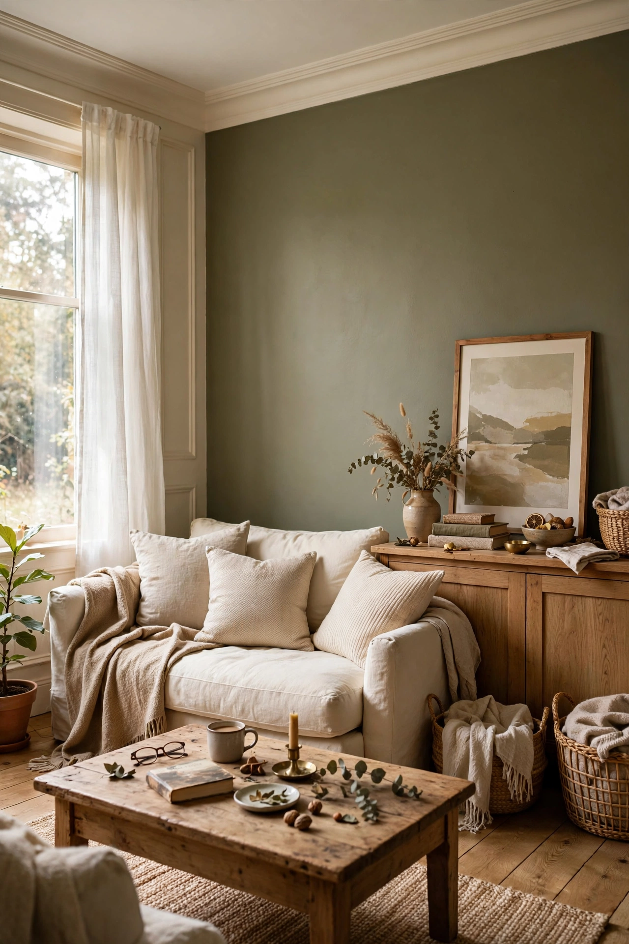 Muted olive green accent wall behind a cream sofa with warm white trim