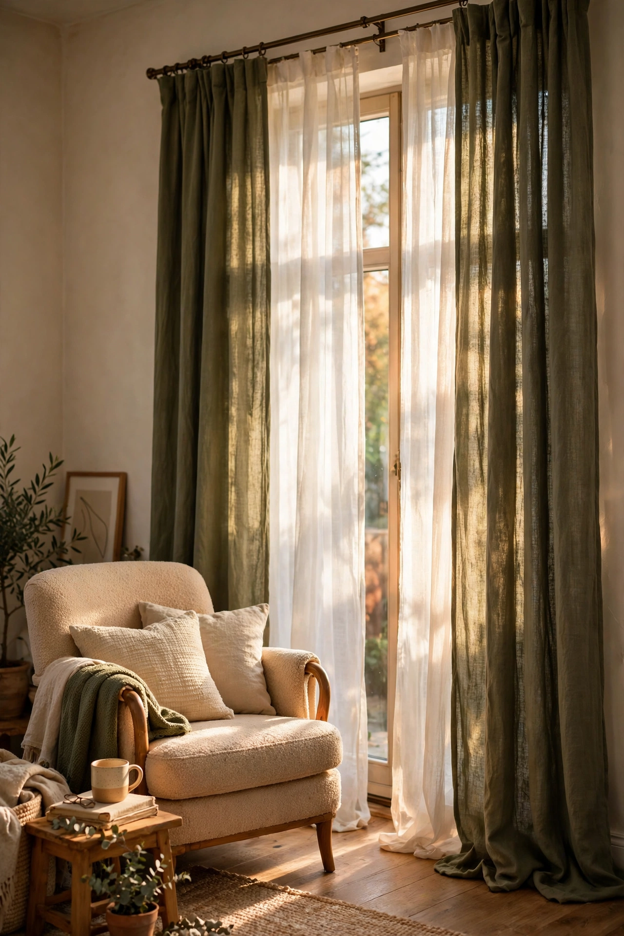 Olive green linen curtains layered over sheer white panels on a living room window