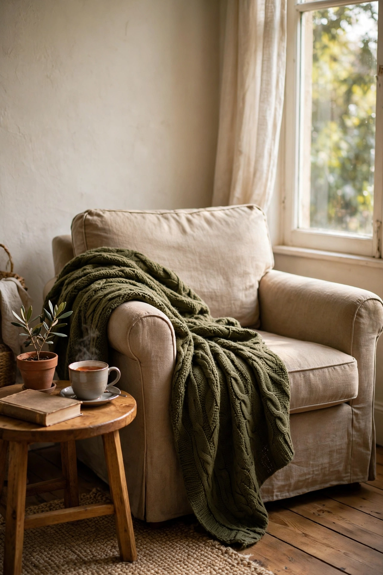 Chunky olive green knit throw draped over the arm of a reading chair