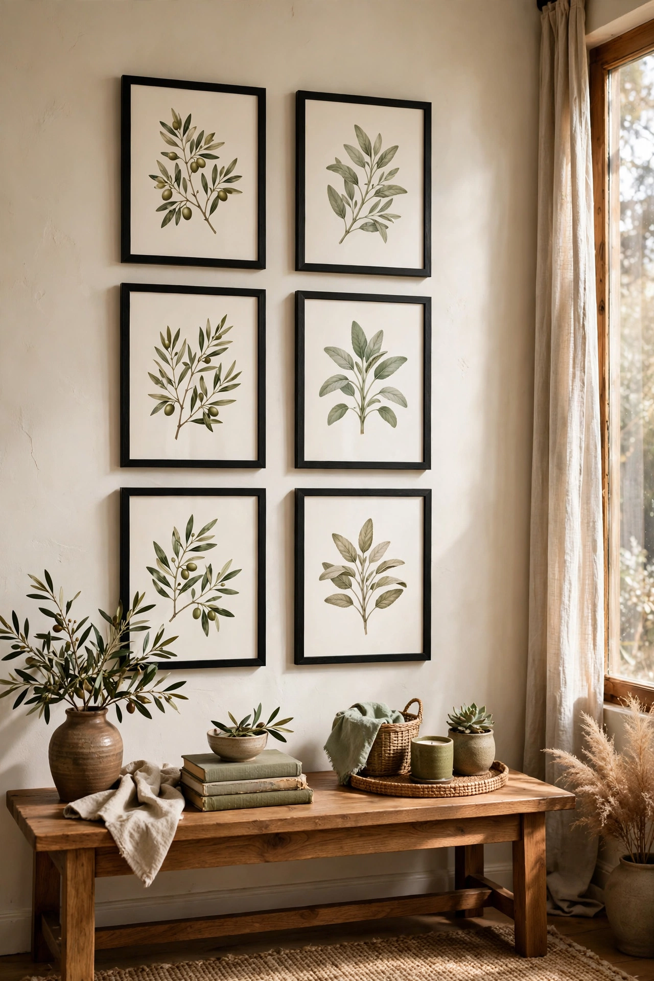 Botanical gallery wall with olive and sage leaf prints in black frames