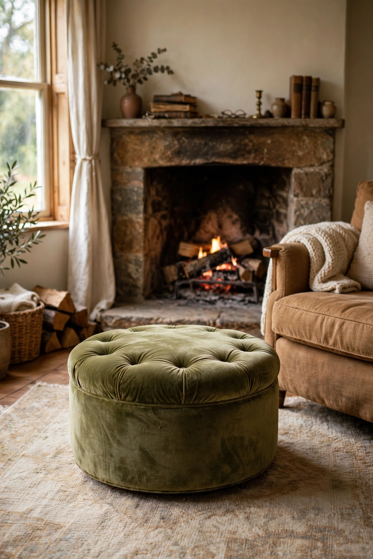 Round vintage olive green velvet ottoman used as a footrest by a fireplace