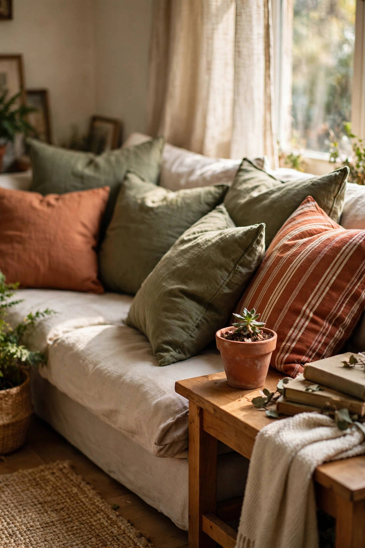 Sofa styled with olive green cushions and terracotta accent pillows for autumn