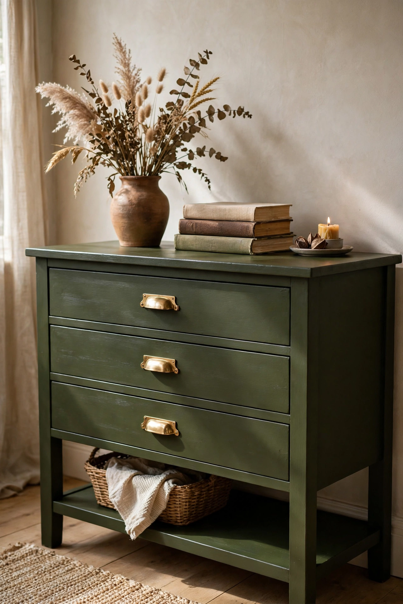 Wooden sideboard painted in deep olive green with brass handles