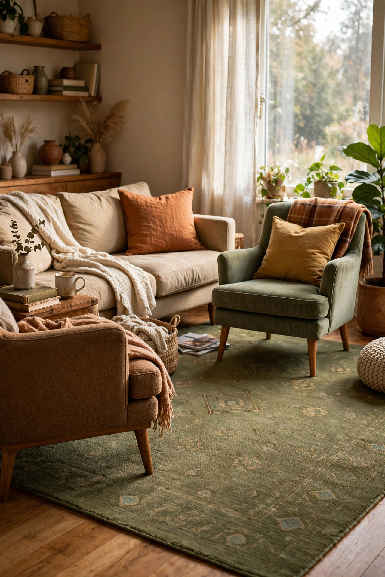 Olive green area rug anchoring a sofa and armchairs in a living room