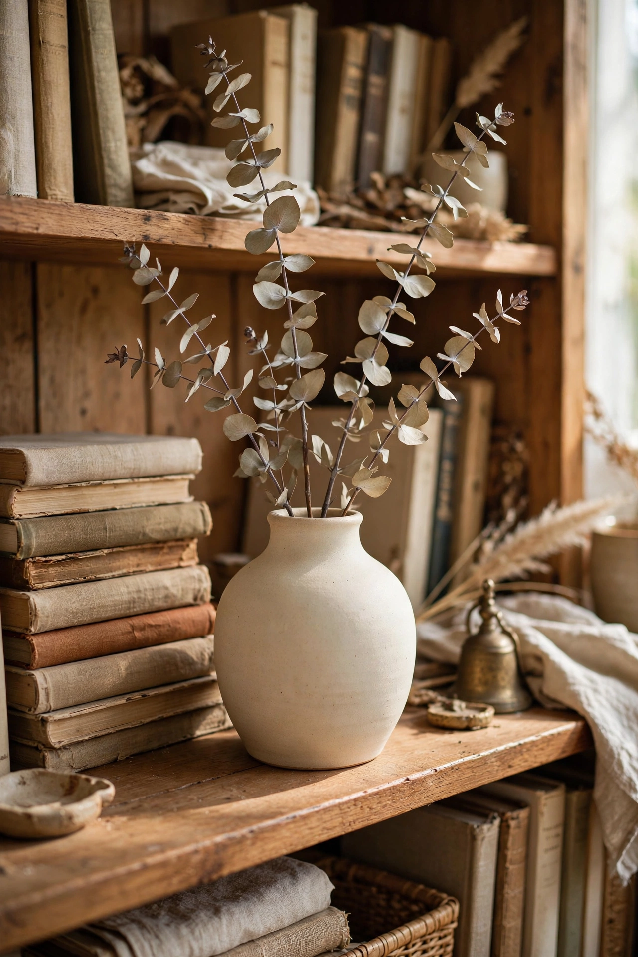 Dried eucalyptus with olive silver leaves in a matte cream ceramic vase