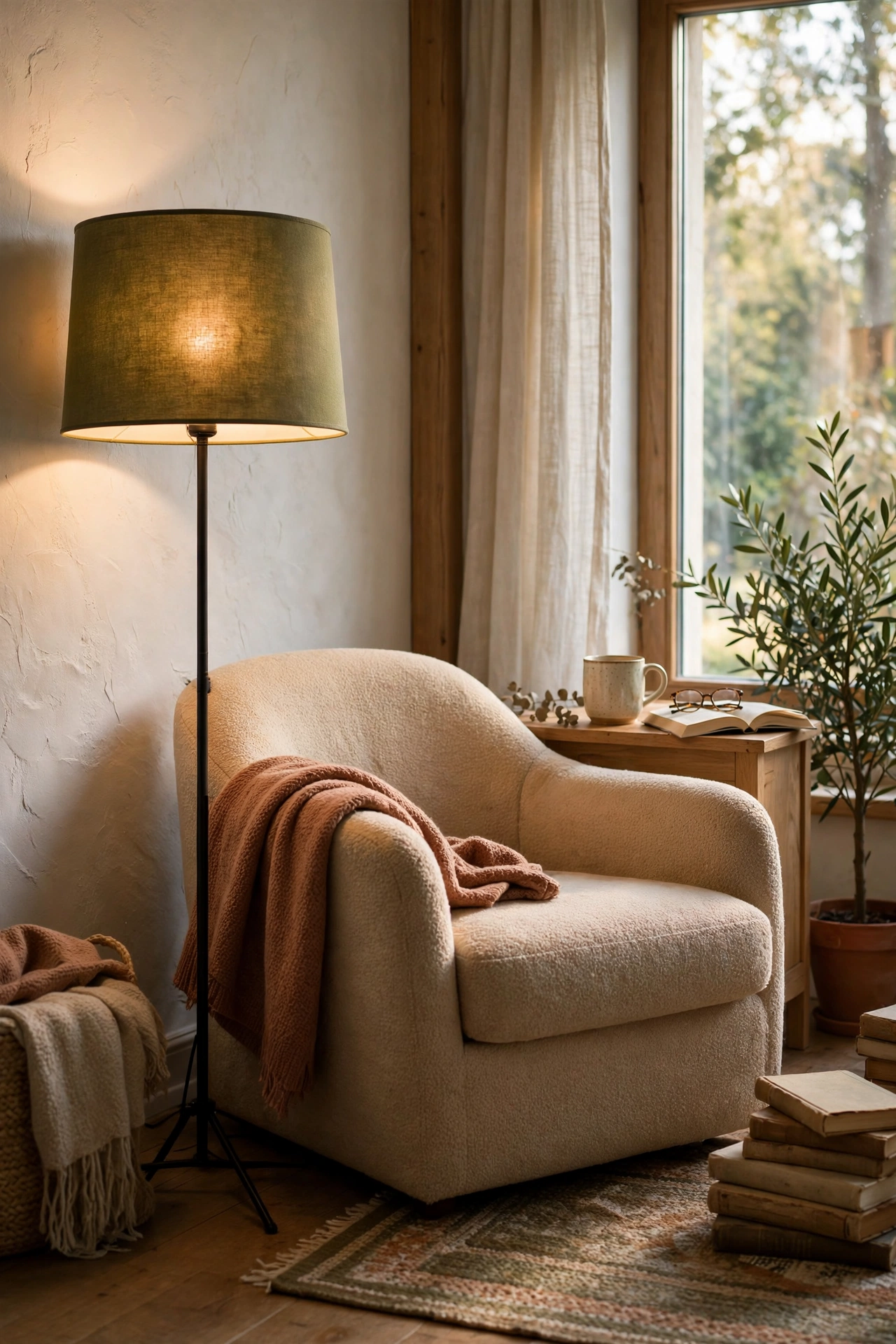 Floor lamp with an olive green linen drum lampshade glowing warmly