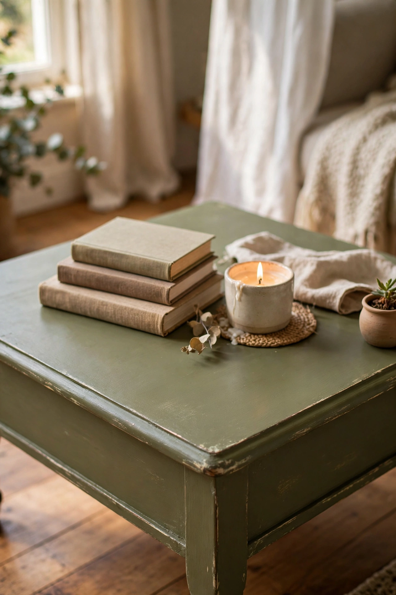 Pine coffee table refreshed with olive green chalk paint and light distressing