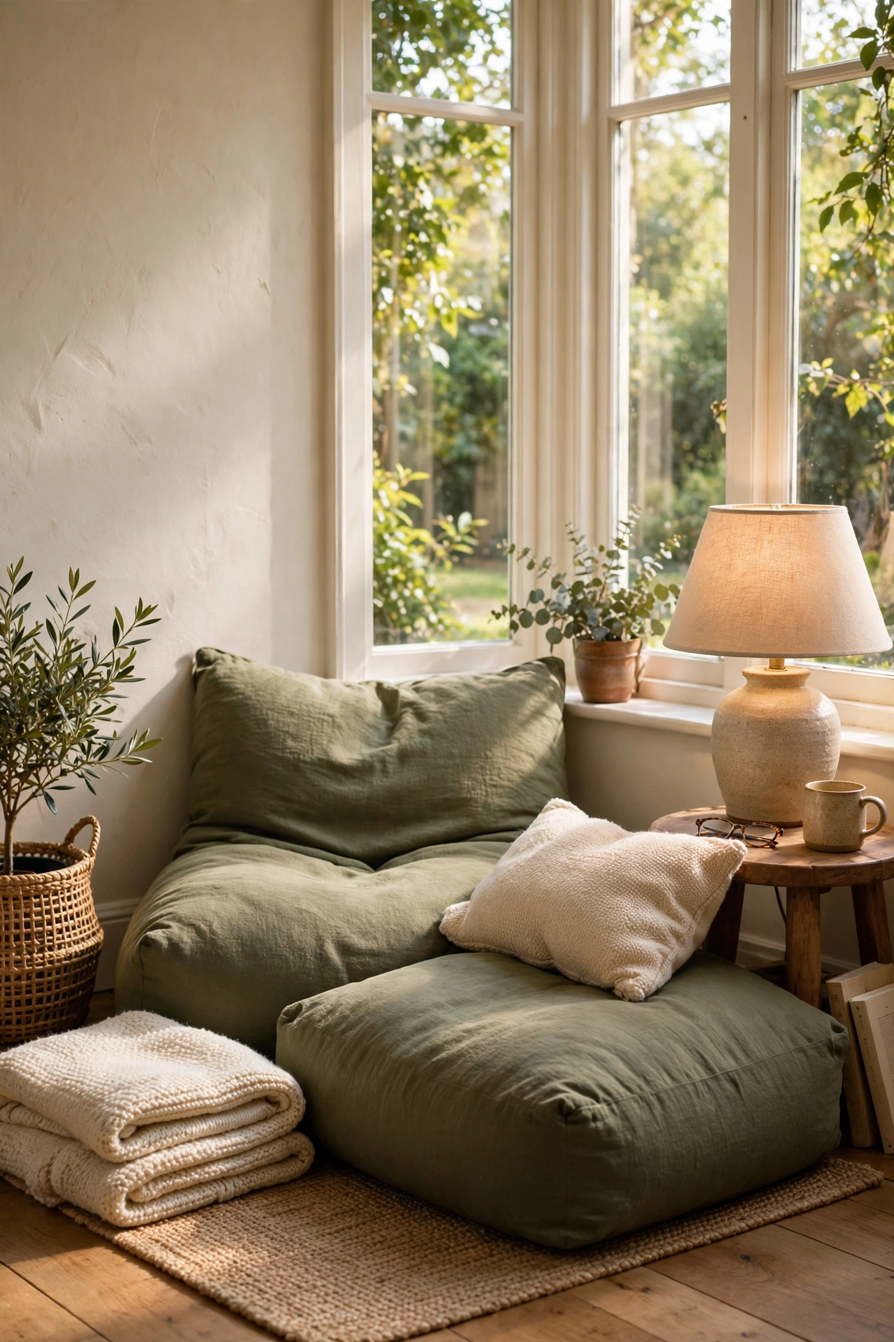 Cosy window reading nook with large olive green floor cushions and a lamp