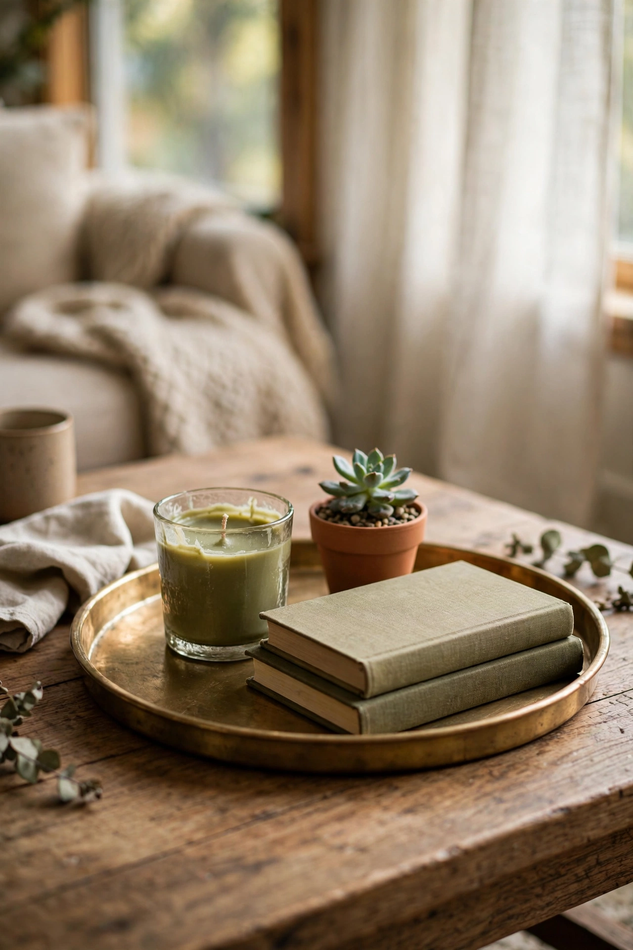 Brass tray on a coffee table styled with an olive candle and small plant