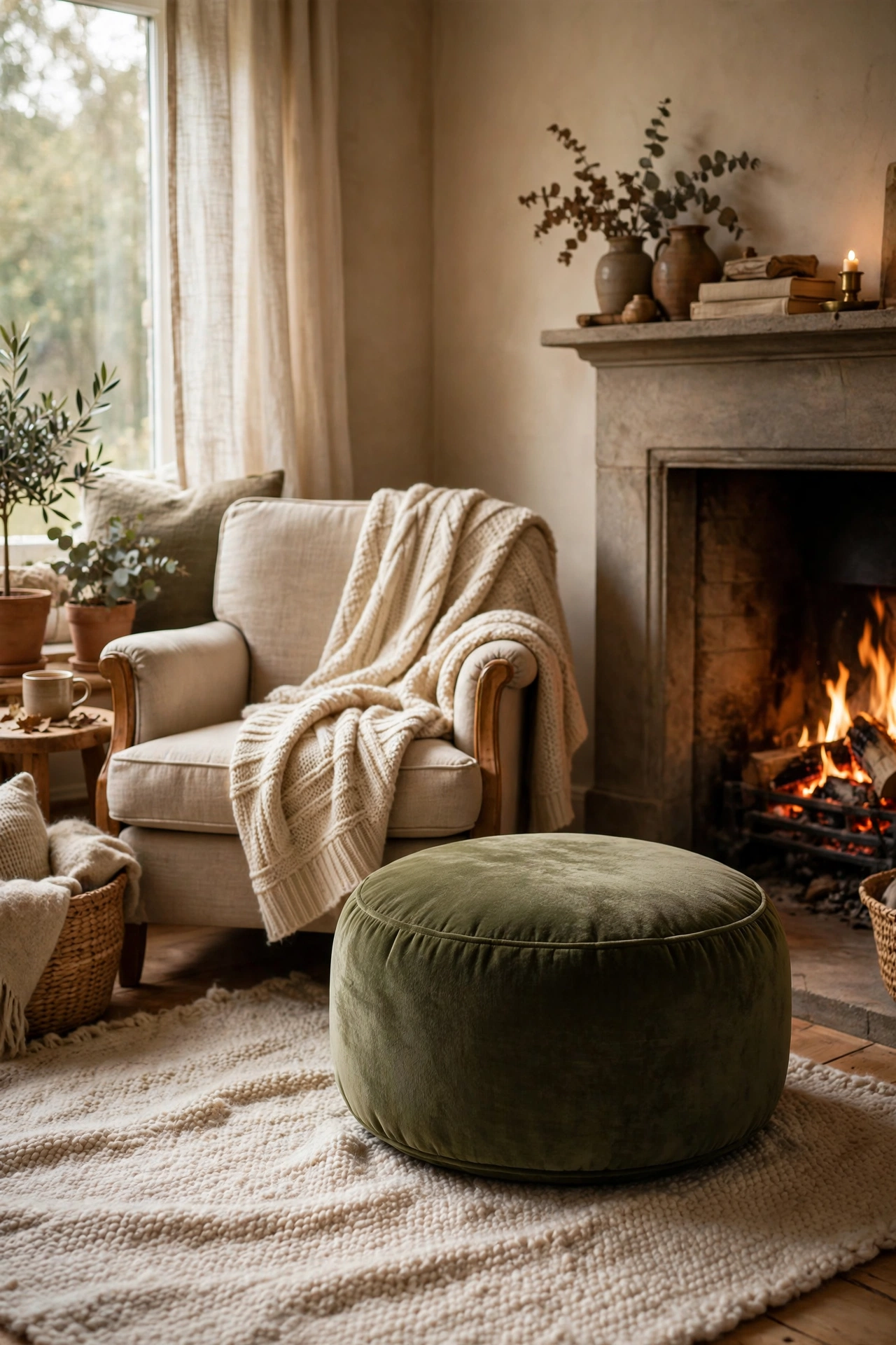Round olive green velvet pouf placed beside a fireplace in a living room