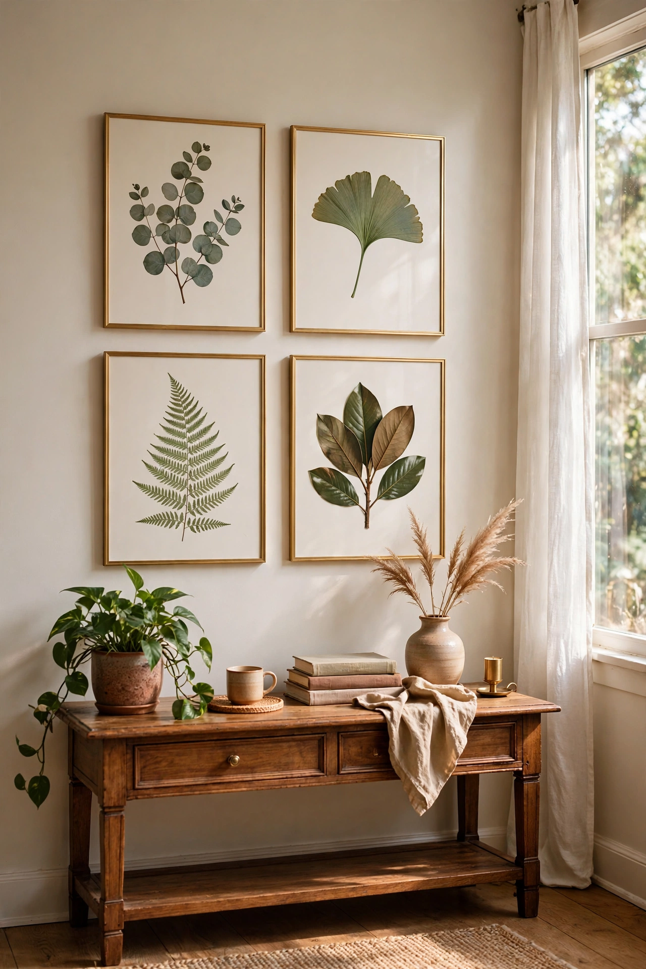 Four botanical prints in matching gold dollar store frames hung in a grid