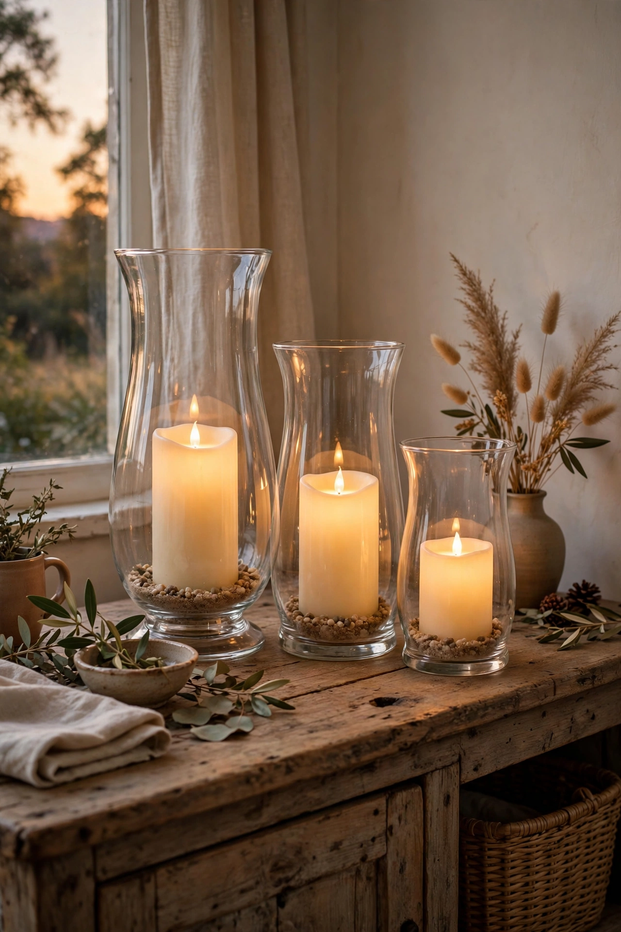 Three glass hurricane holders with flameless candles glowing on a sideboard