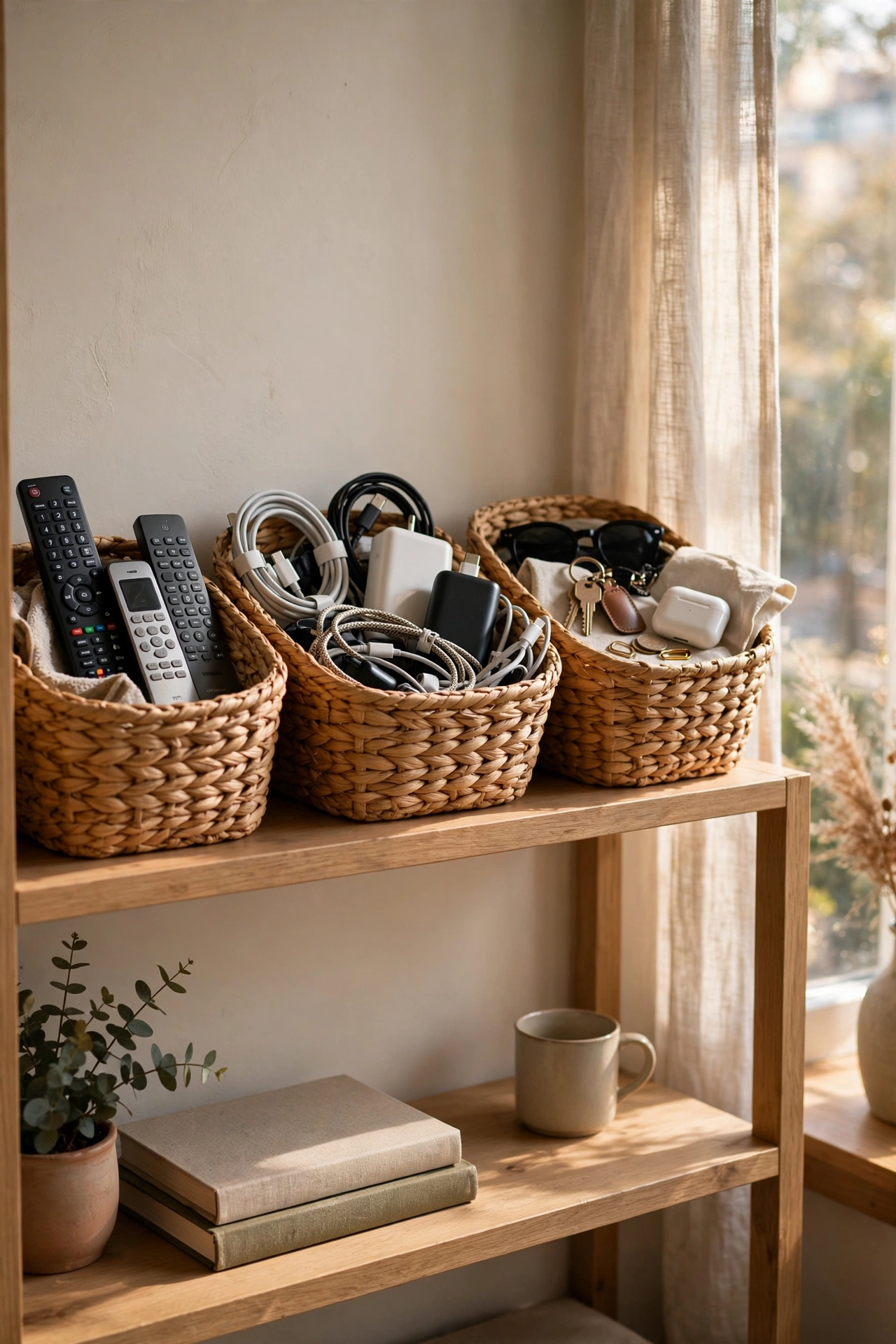 Three woven-look storage baskets organising remotes and chargers on open shelves