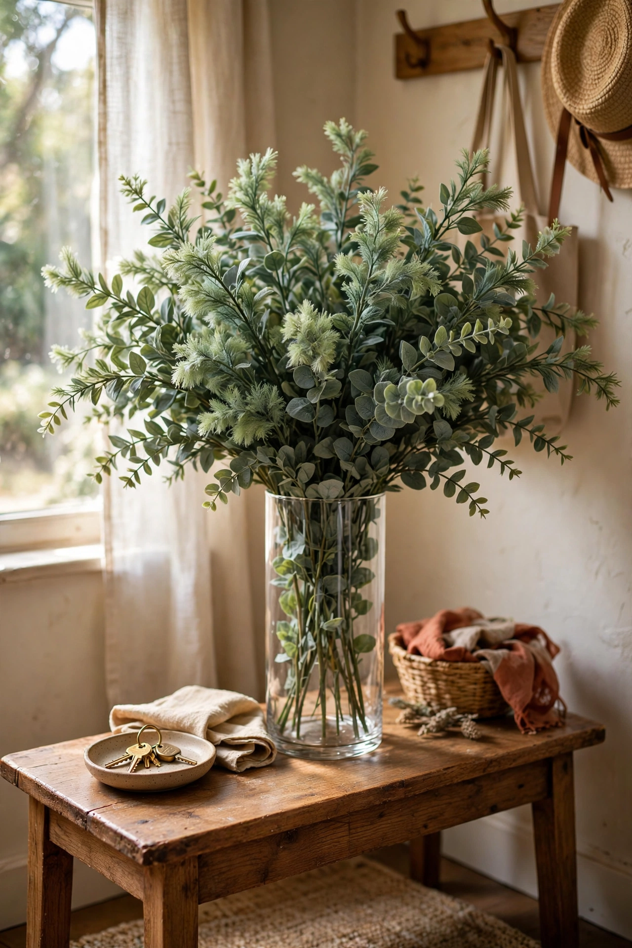 Faux eucalyptus stems fluffed in a tall clear glass vase on an entryway table