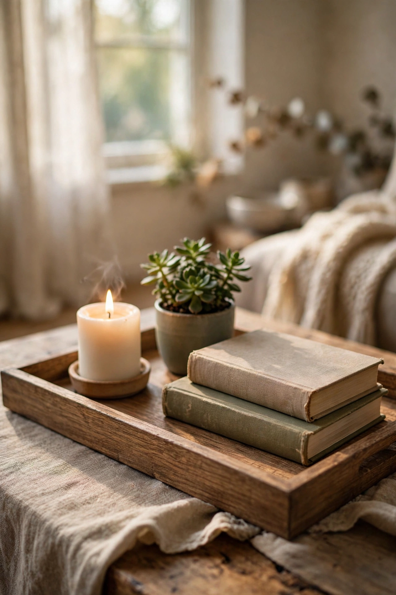 Wooden-look tray on a coffee table styled with a candle, plant and books