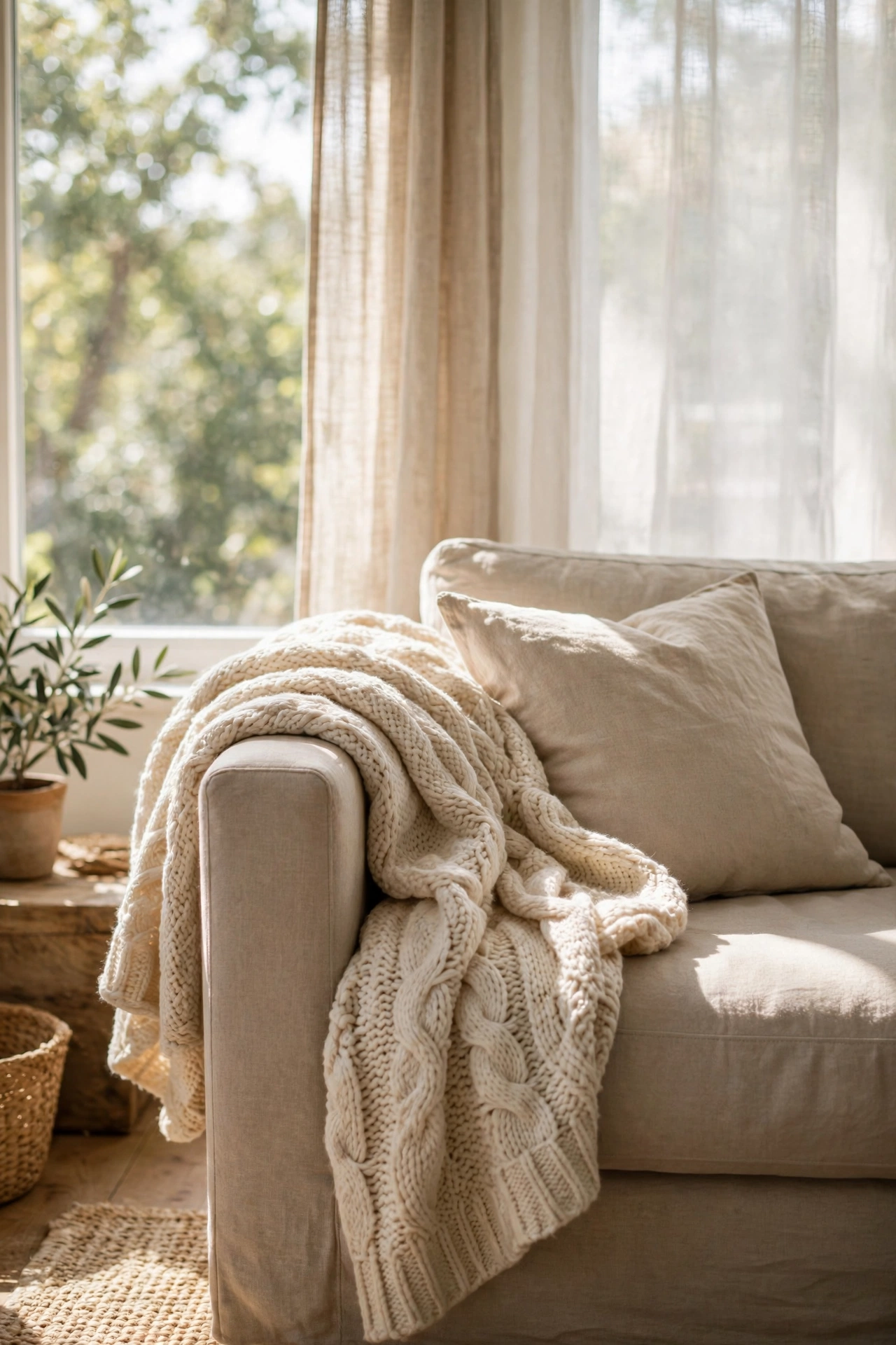 Cream chunky-knit throw casually draped over one arm of a sofa