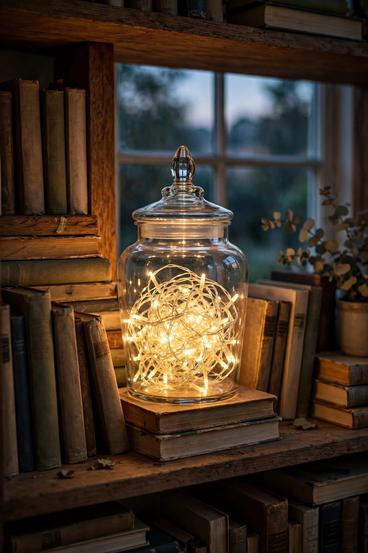 Glass apothecary jar filled with glowing fairy lights on a bookshelf