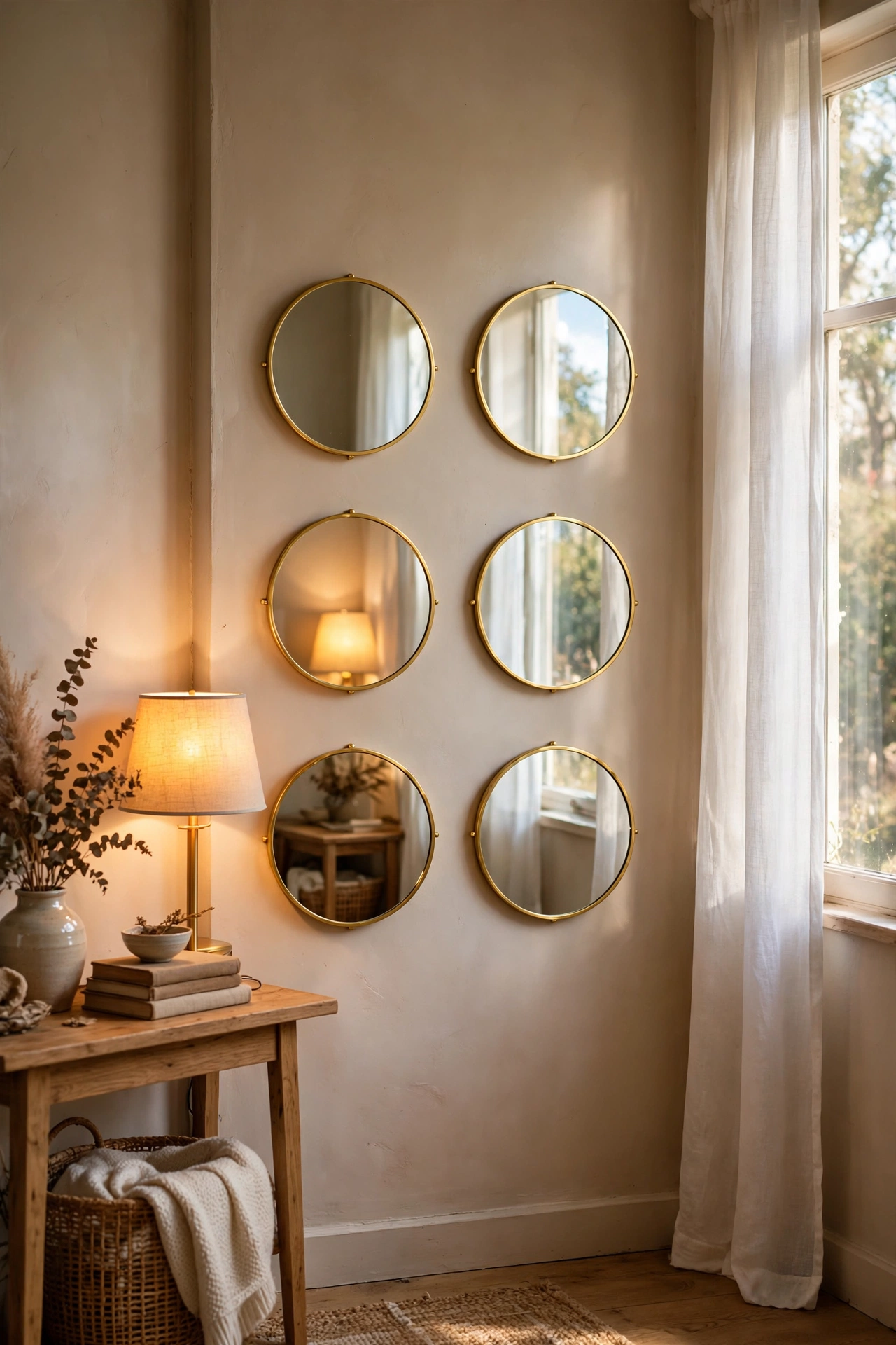 Grid of six small round mirrors with gold rims hung on a narrow hallway wall