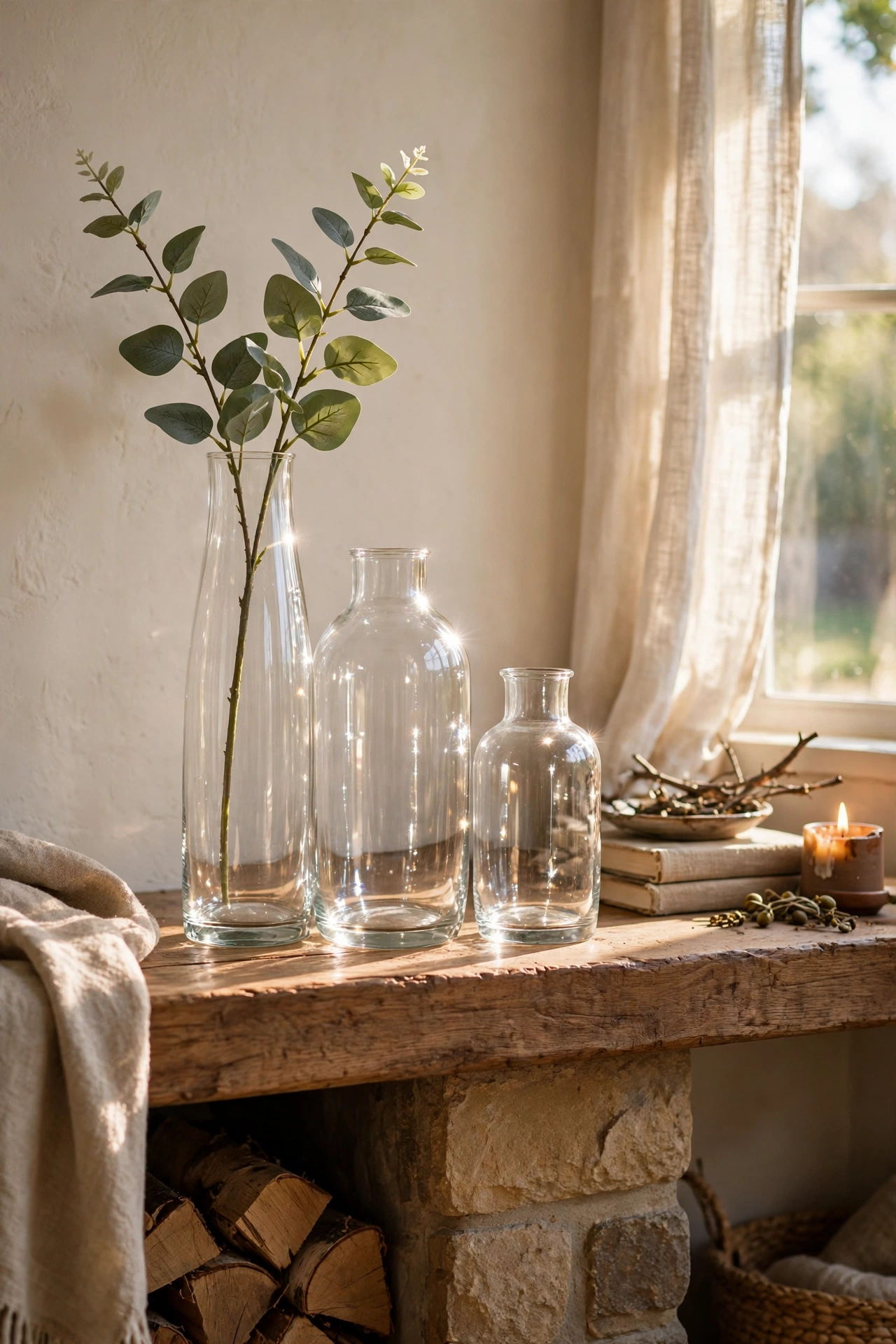 Three clear glass vases at staggered heights grouped on a mantel