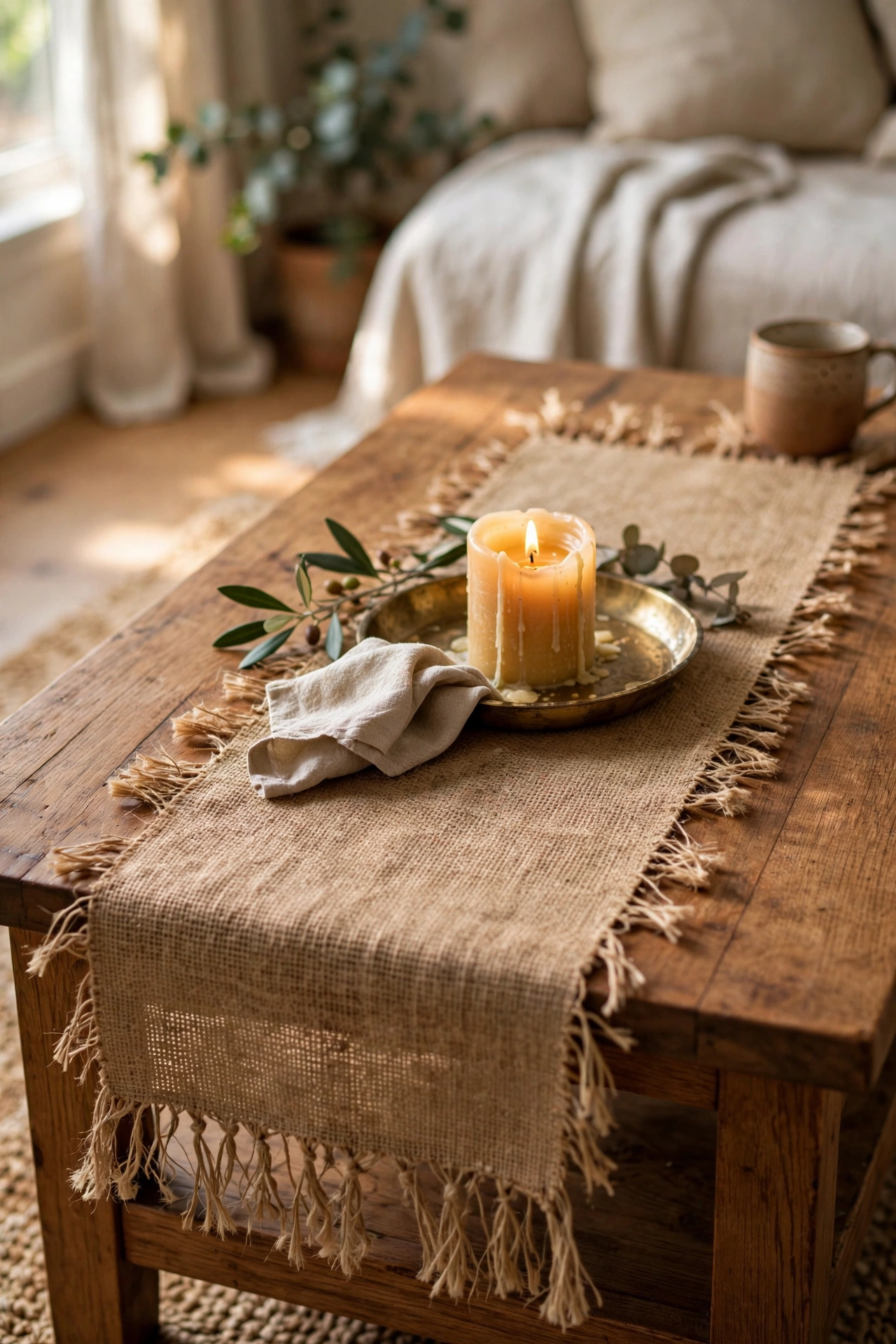 Faux jute table runner laid down the centre of a coffee table with a tray and candle