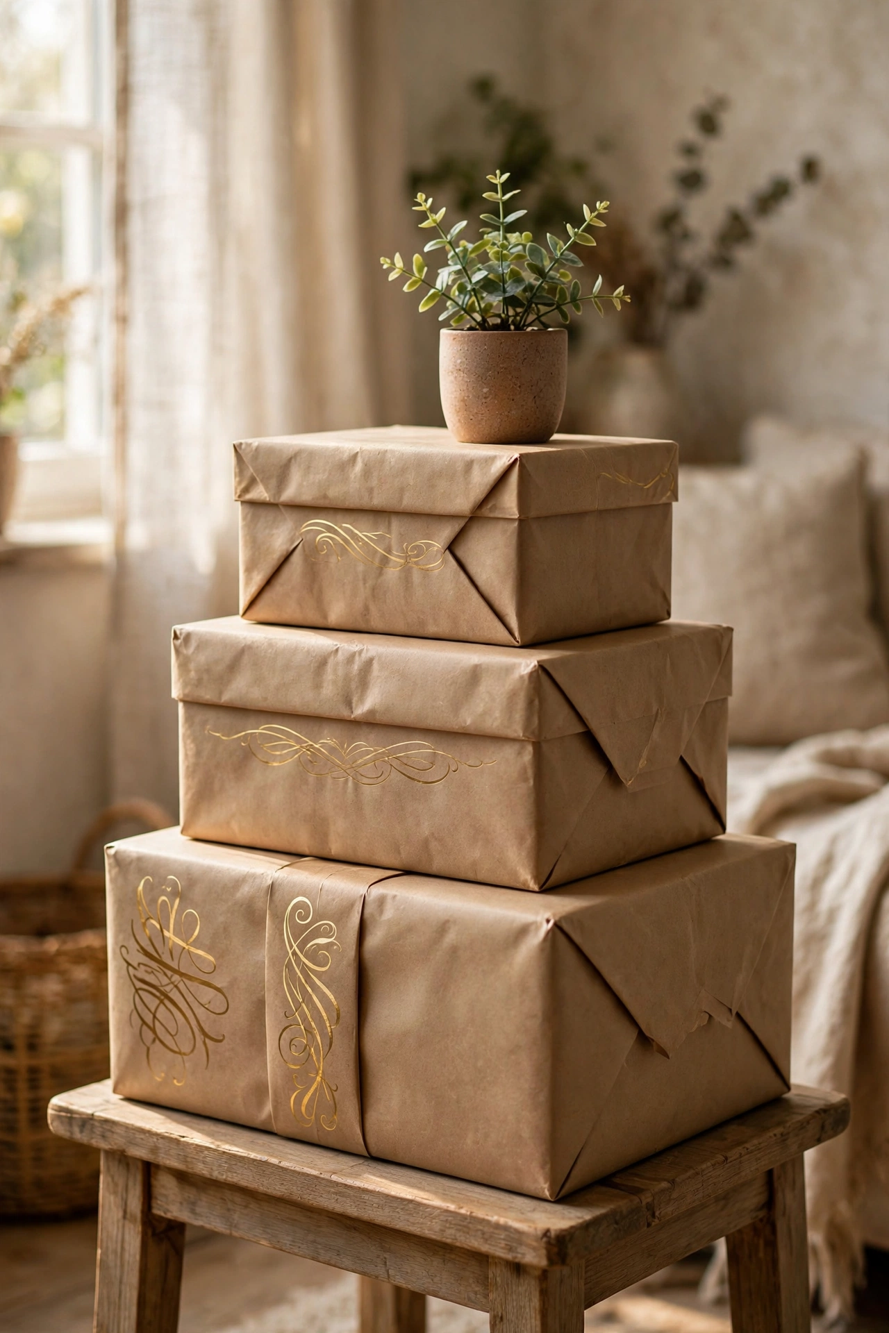 Stack of three kraft-paper wrapped boxes styled as faux decorator books