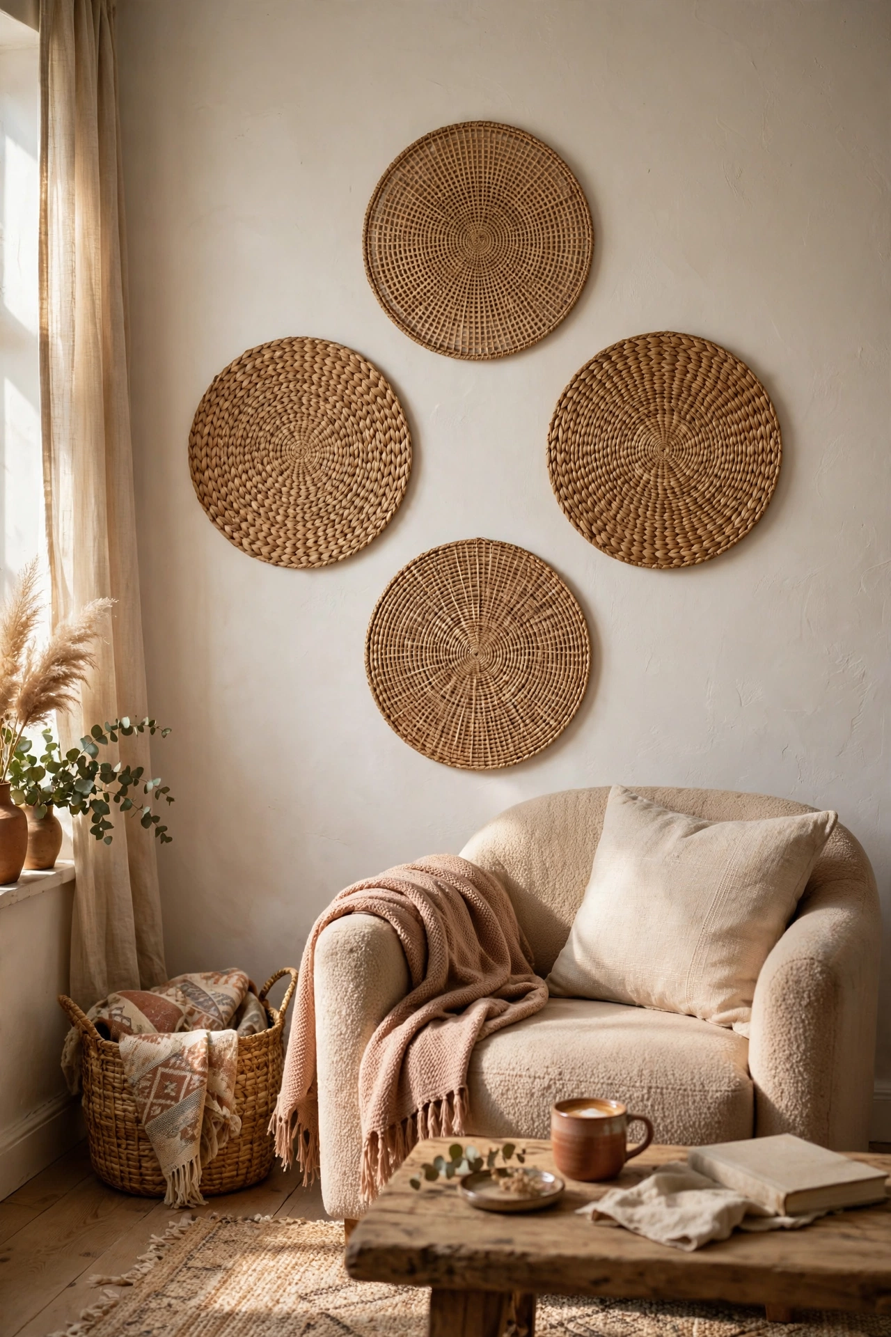 Four round woven placemats hung in a diamond pattern as boho wall art
