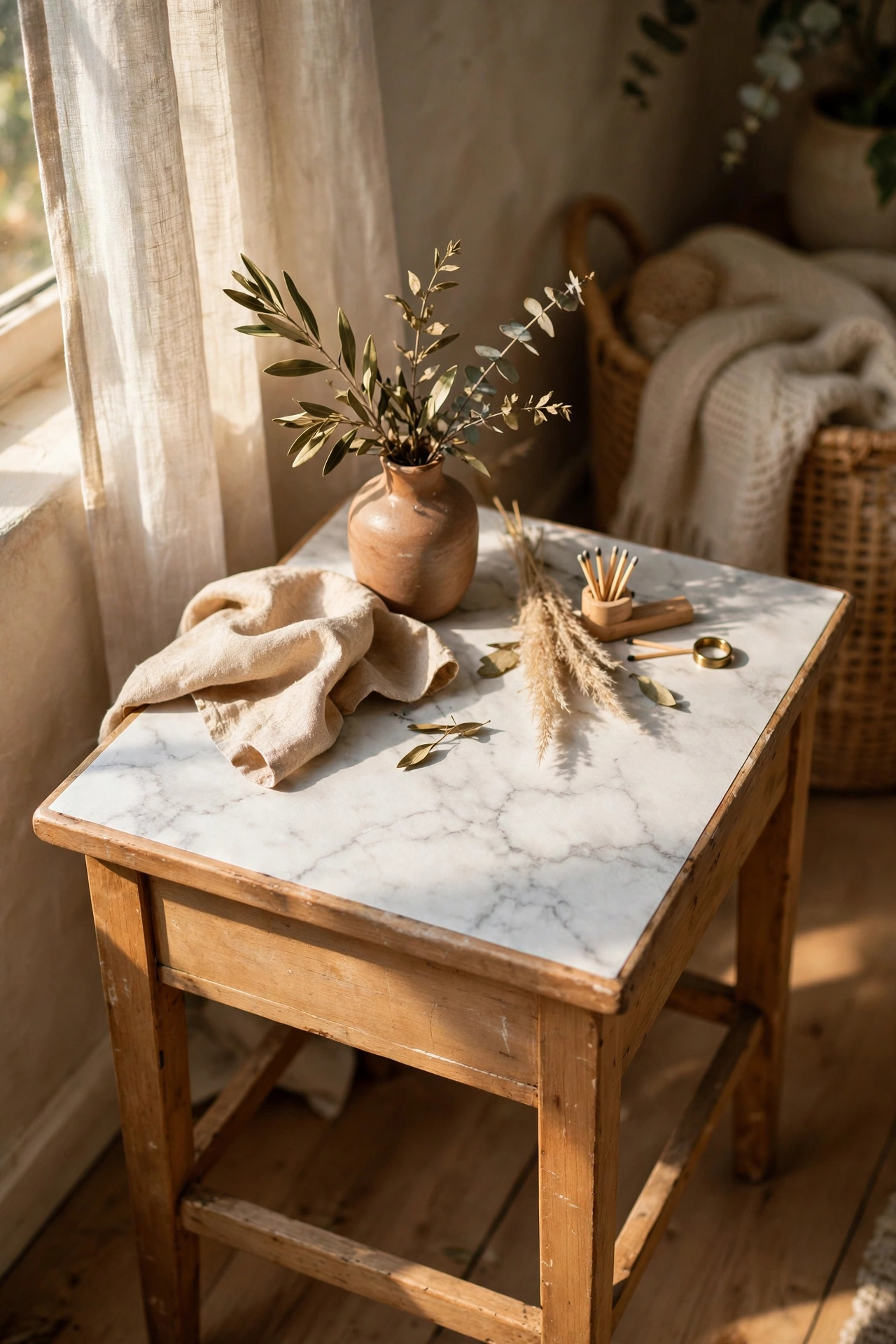Side table top covered in marble-look contact paper with a smooth finish